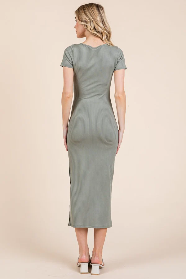 Olive Short Sleeve Side Button Ribbed Midi Dress - Image 3