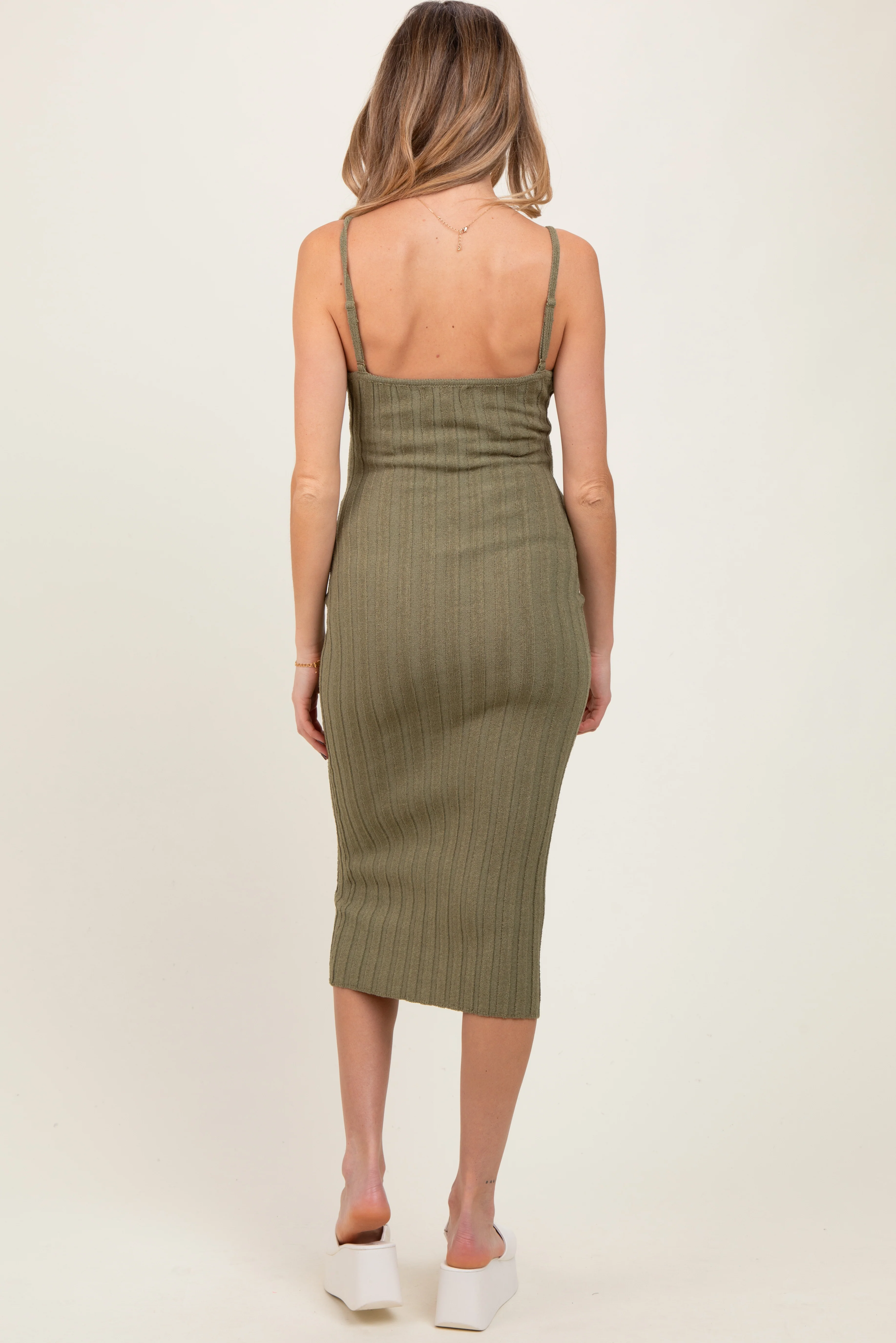 Olive Sleeveless Button Accent Knit Maternity Midi Dress - Image 3