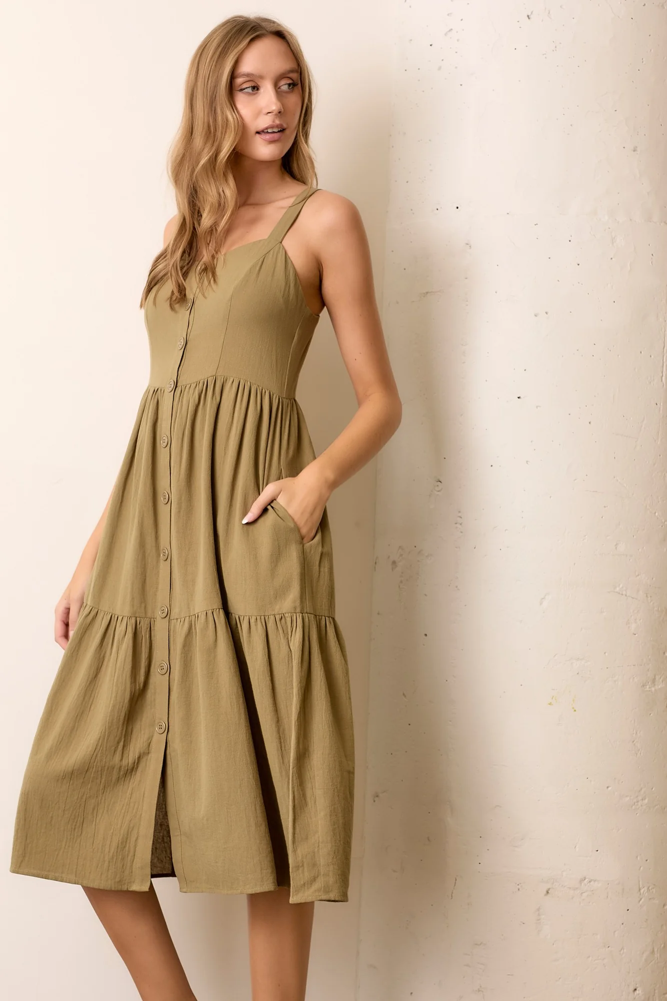 Olive Sleeveless Button Down Tiered Midi Dress - Image 2