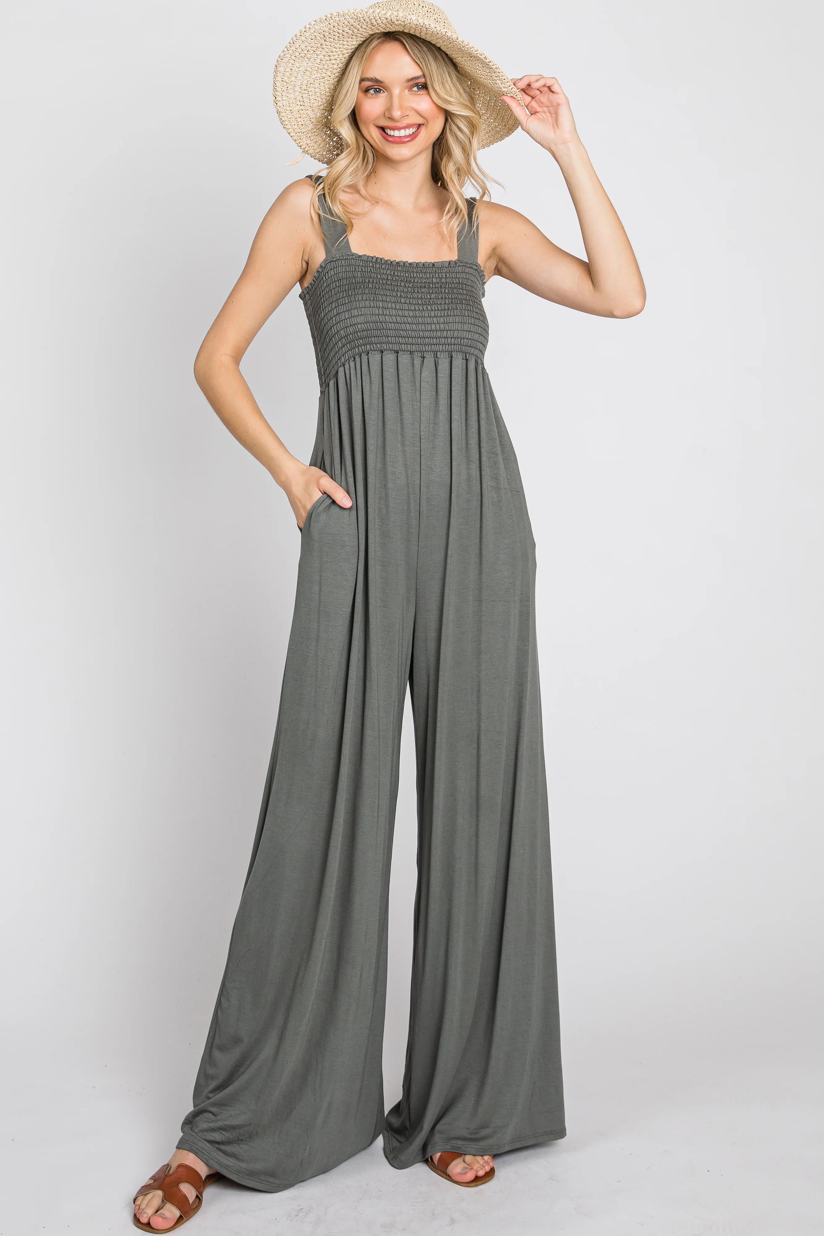 Olive Sleeveless Wide Leg Jumpsuit - Image 9
