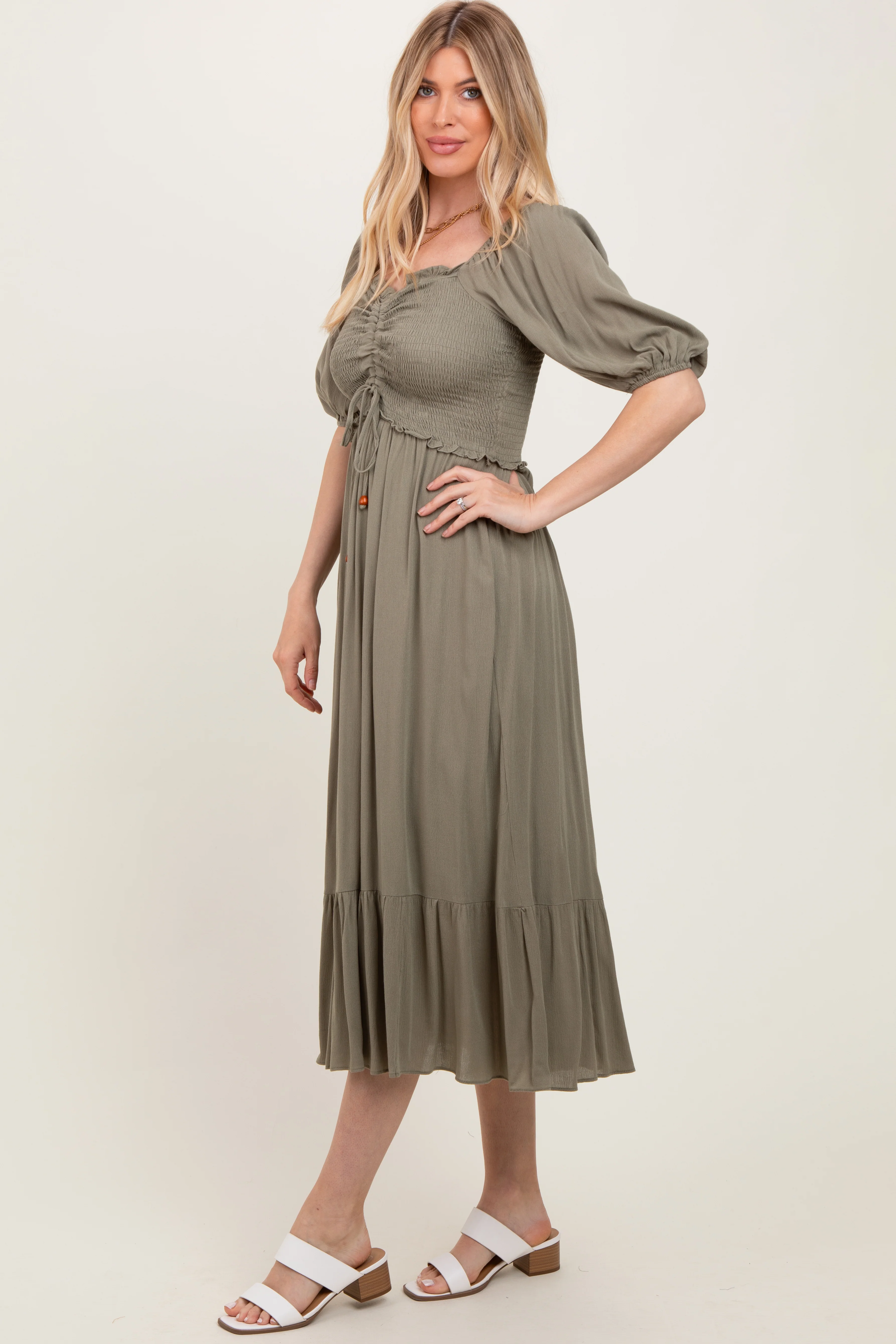 Olive Smocked Cinched Front Maxi Dress - Image 3