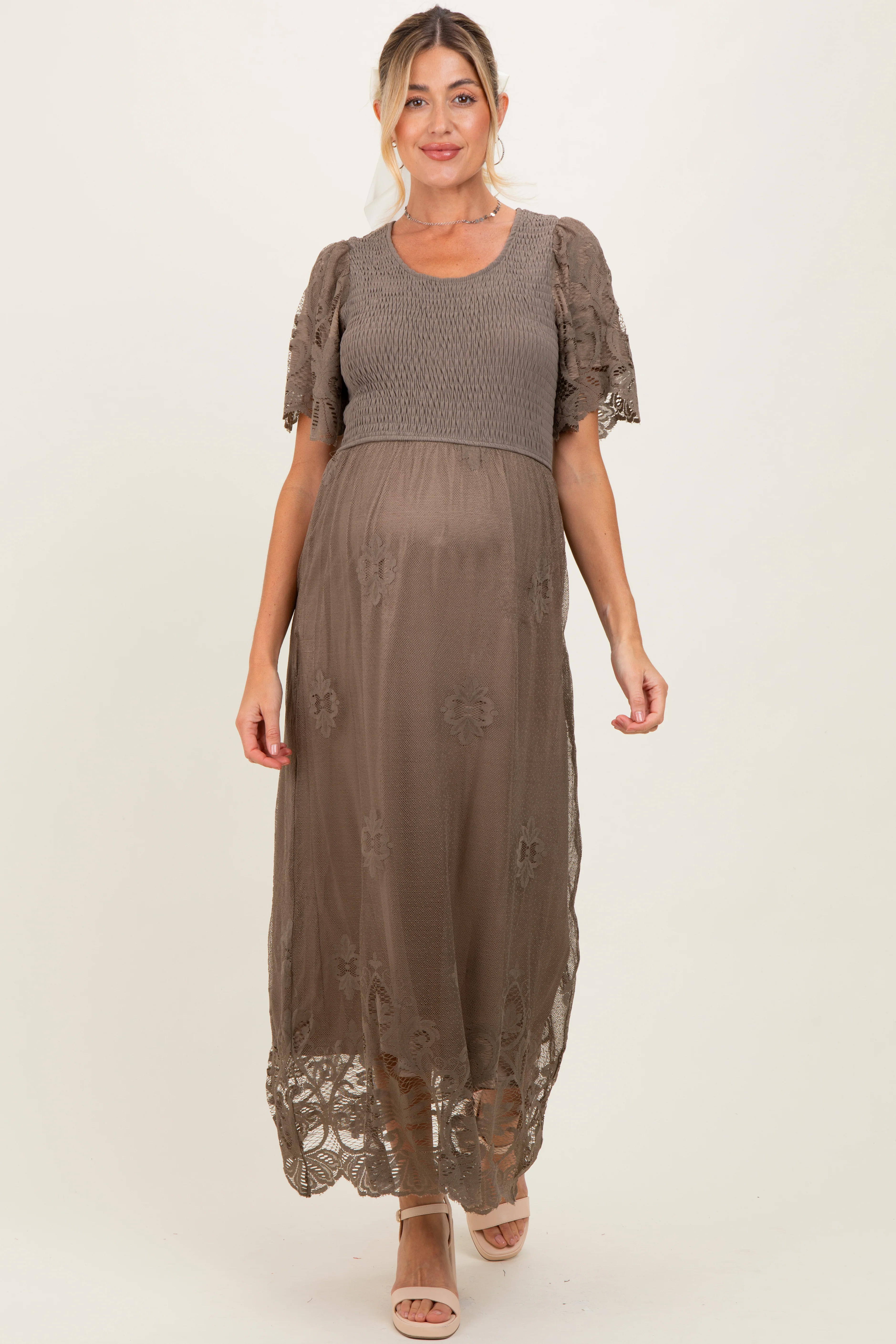 Olive Smocked Lace Detail Maternity Midi Dress - Image 3