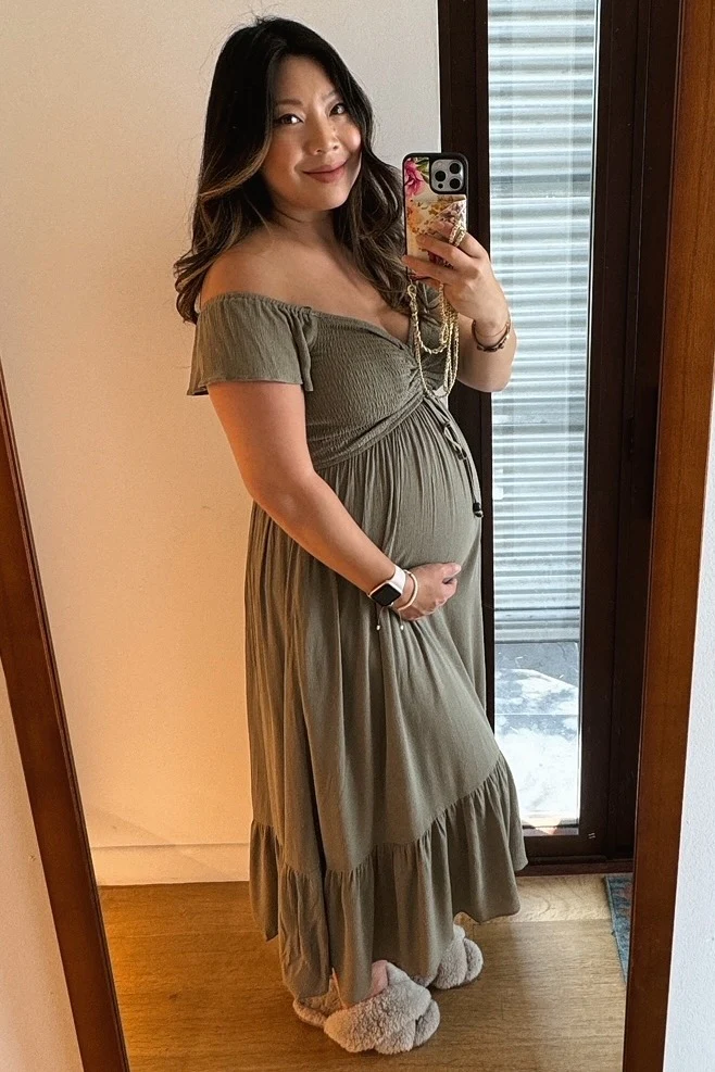 Olive Smocked Ruched Ruffle Hem Maternity Maxi Dress - Image 6