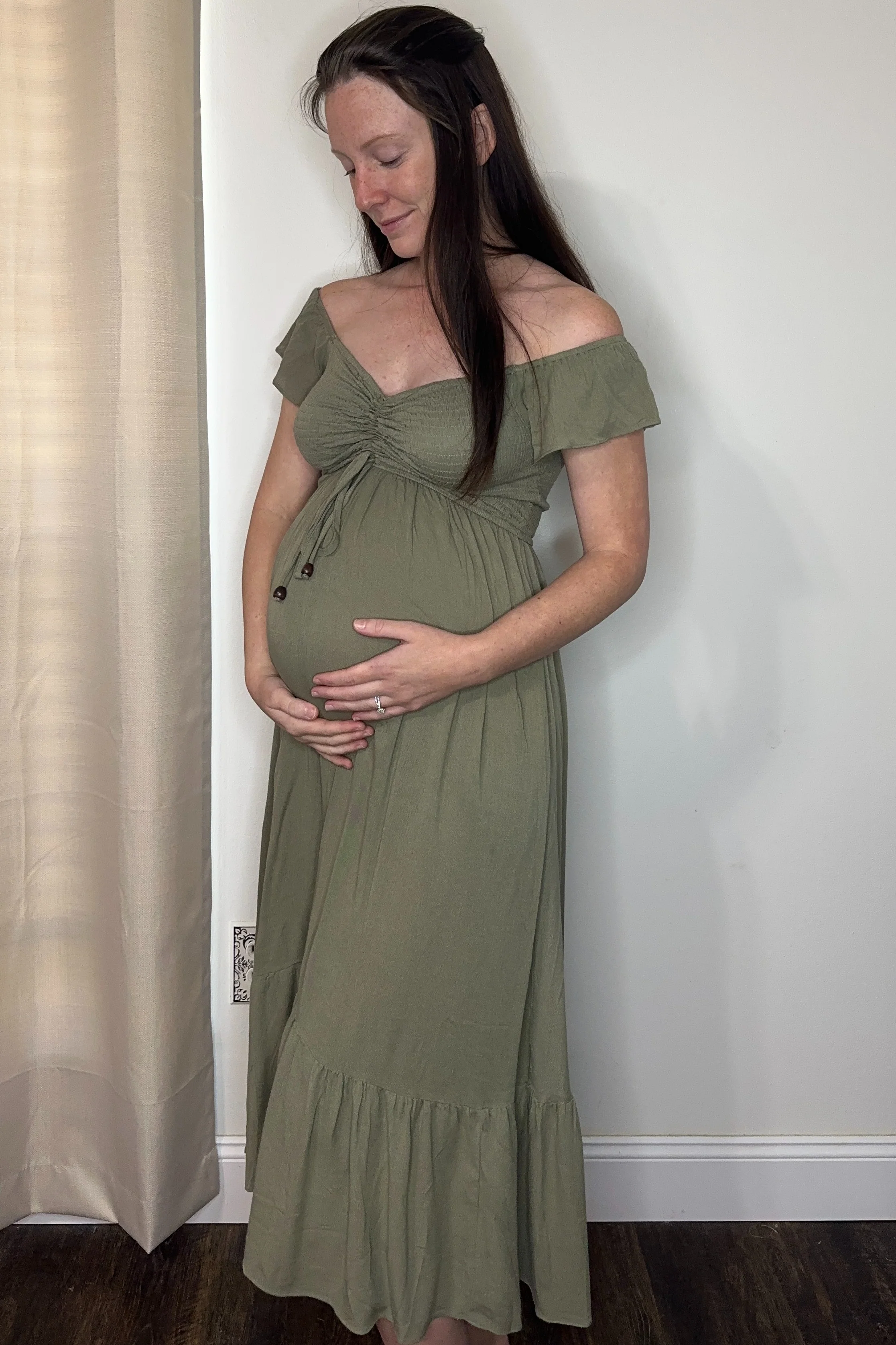 Olive Smocked Ruched Ruffle Hem Maternity Maxi Dress - Image 7