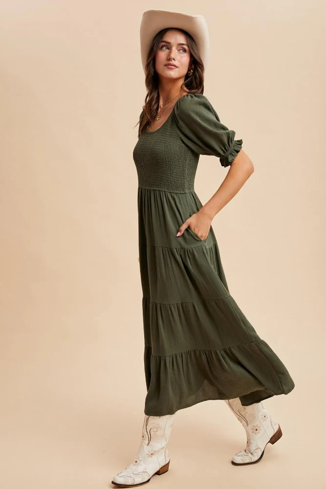 Olive Smocked Tiered Maxi Dress - Image 3