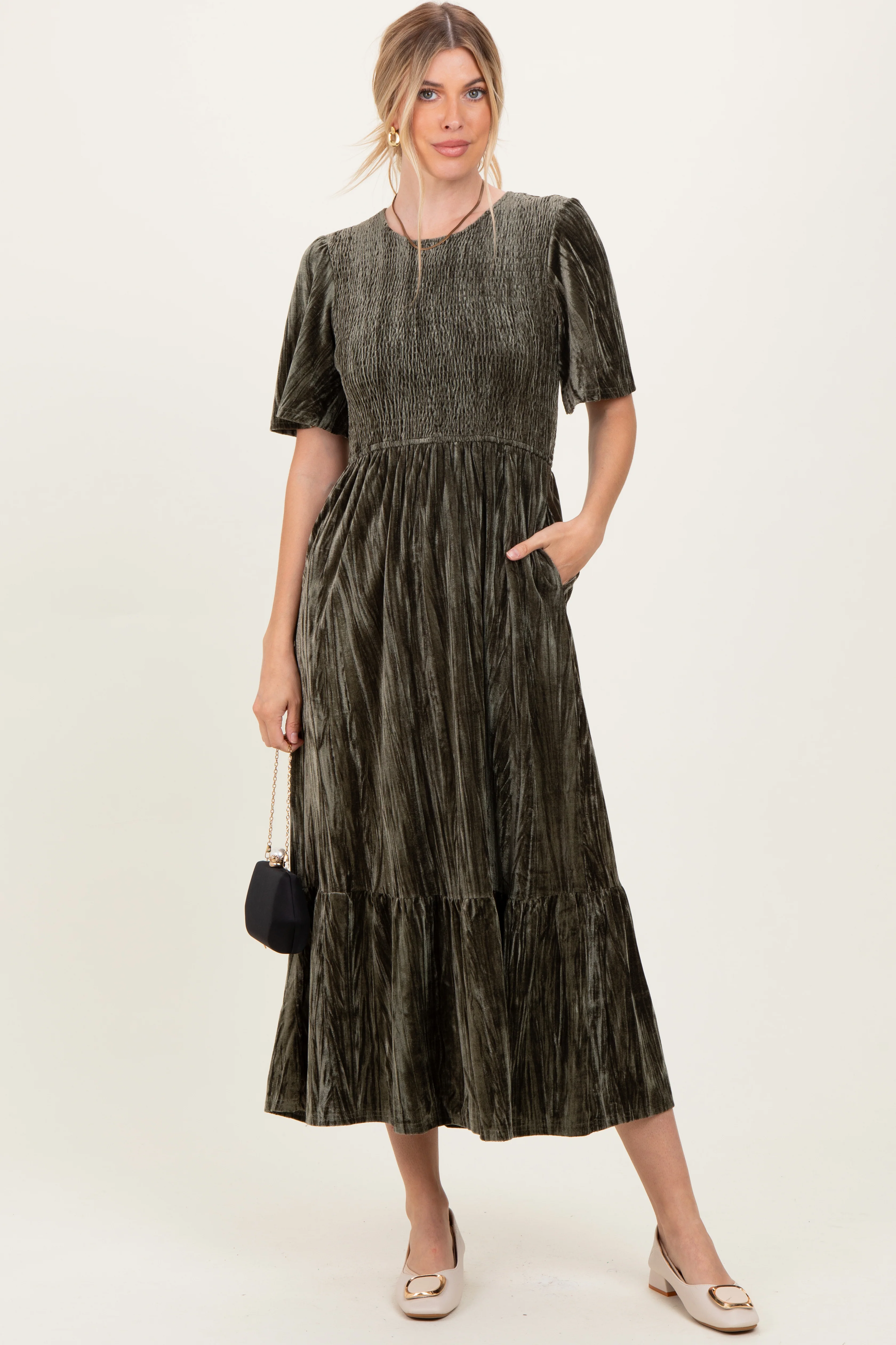 Olive Smocked Velvet Maternity MIdi Dress - Image 4