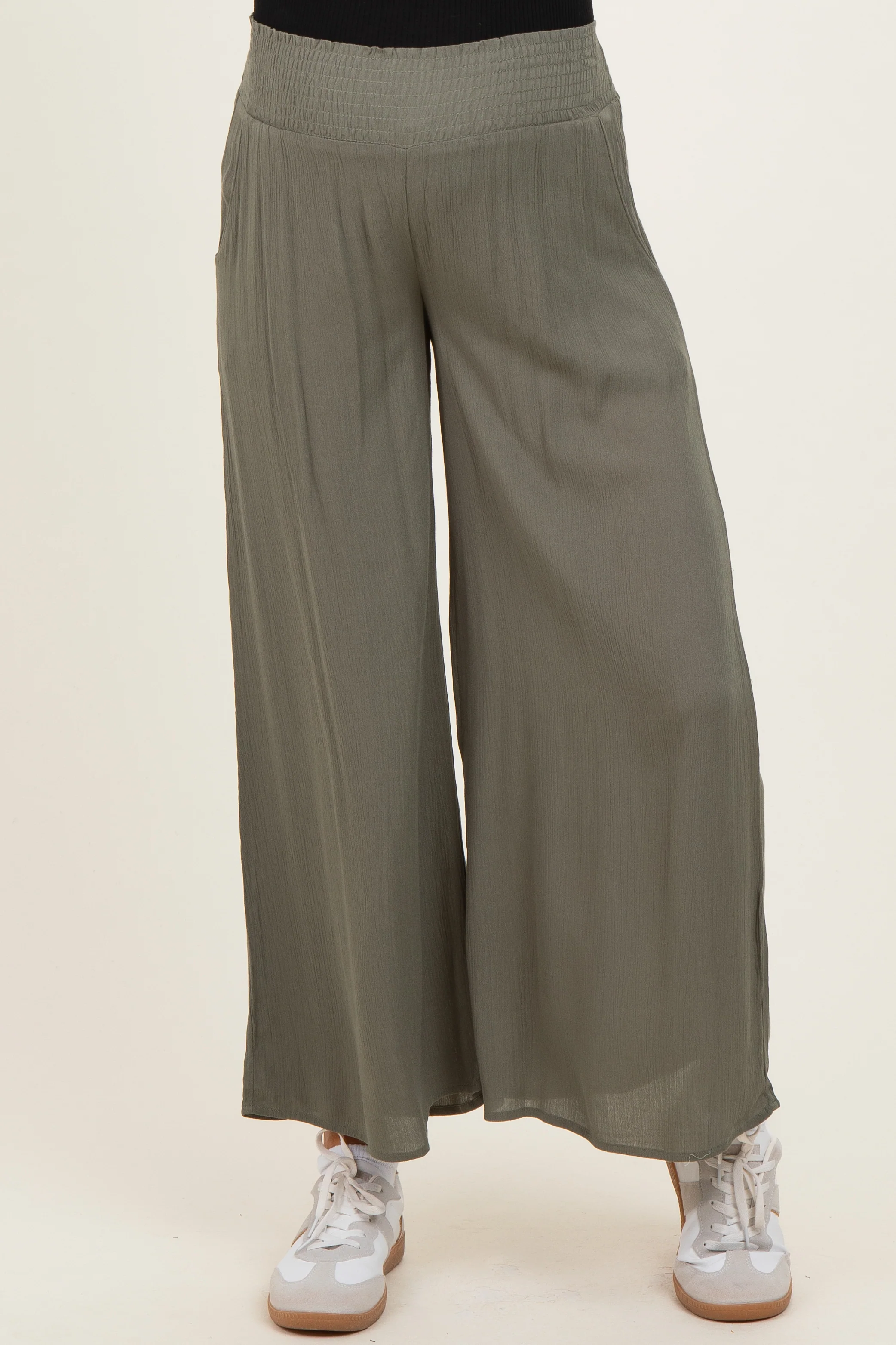 Olive Smocked Waist Ankle Wide Leg Maternity Pants - Image 2