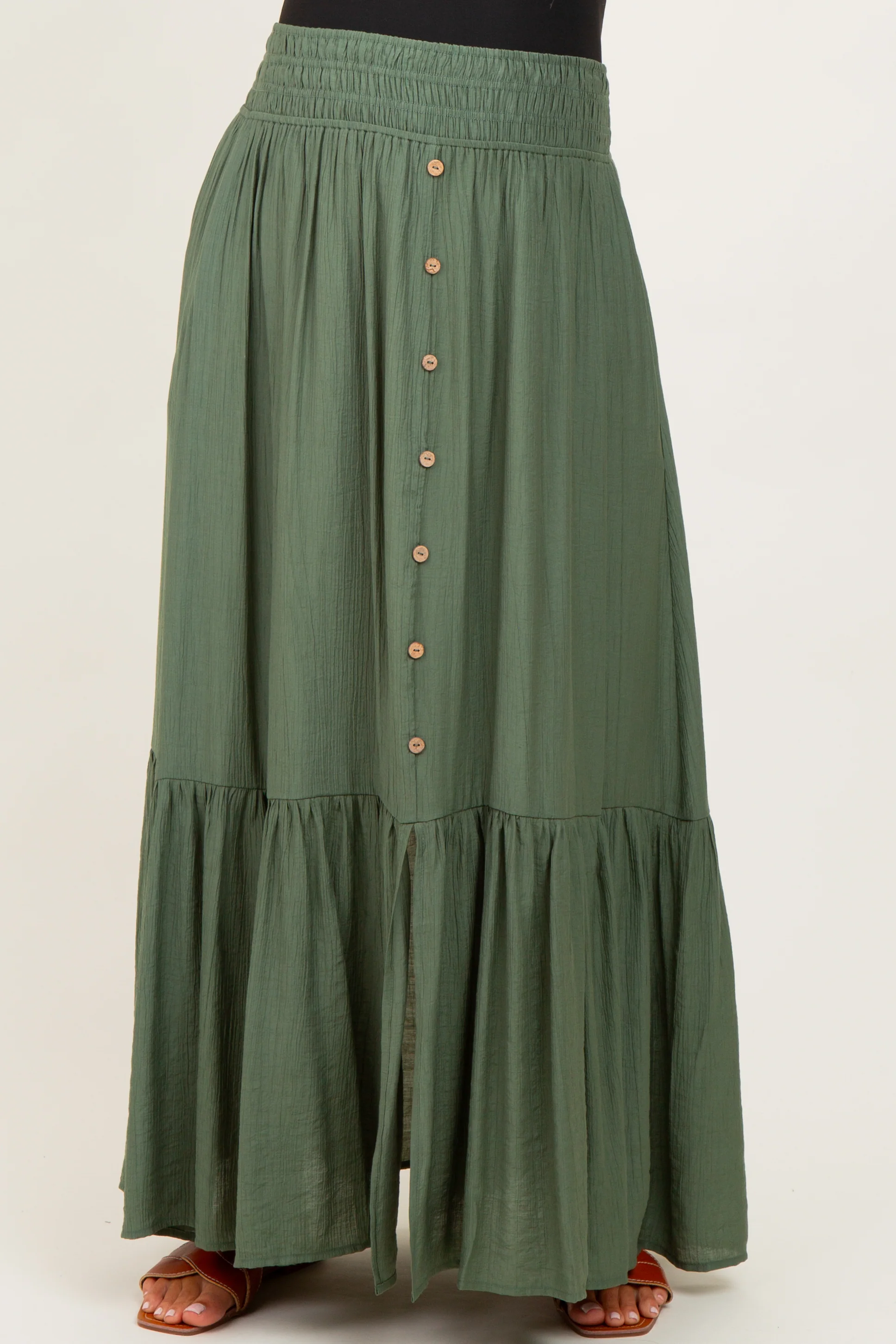 Olive Smocked Waist Button Accent Maternity Maxi Skirt - Image 3