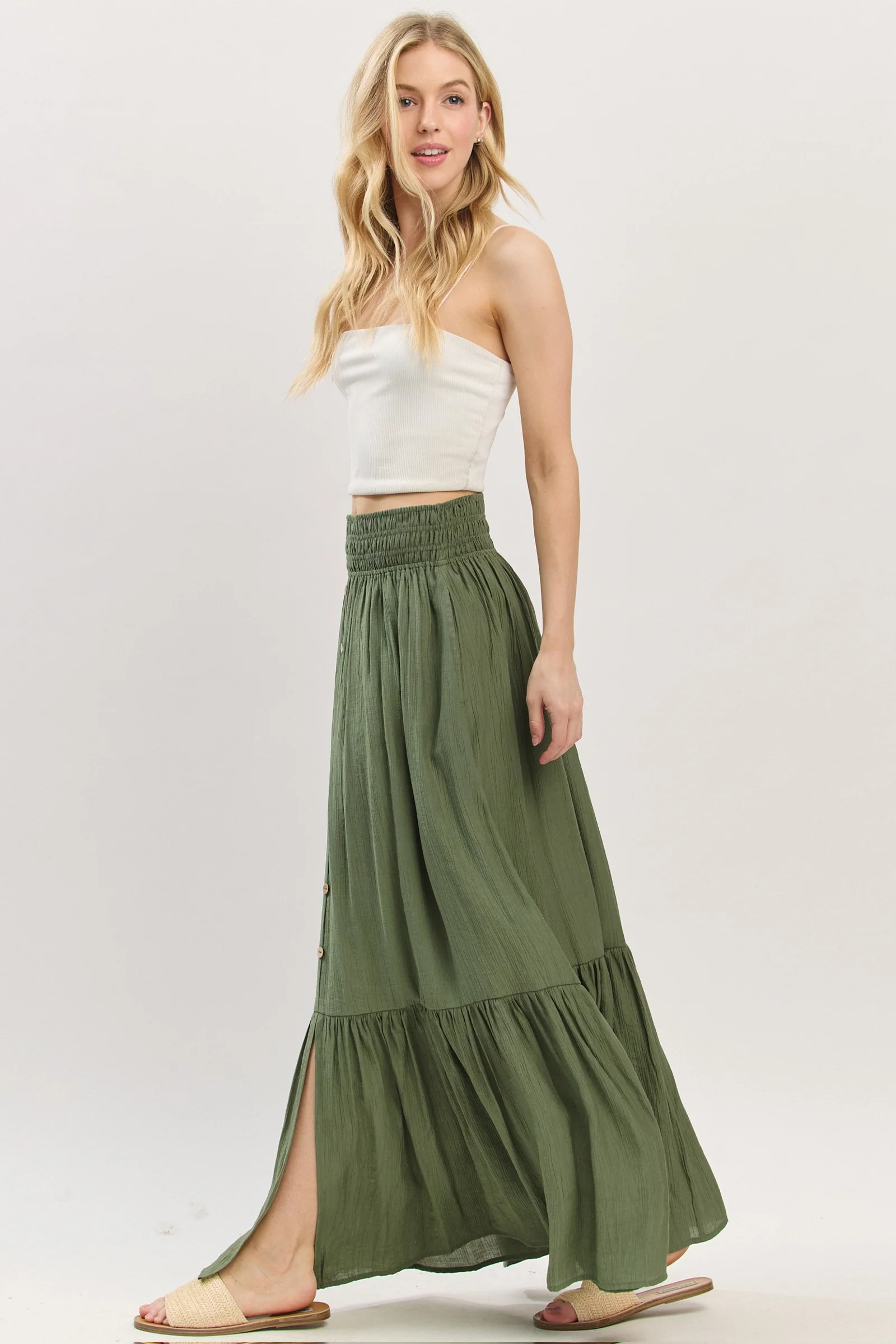 Olive Smocked Waist Button Accent Maxi Skirt - Image 3