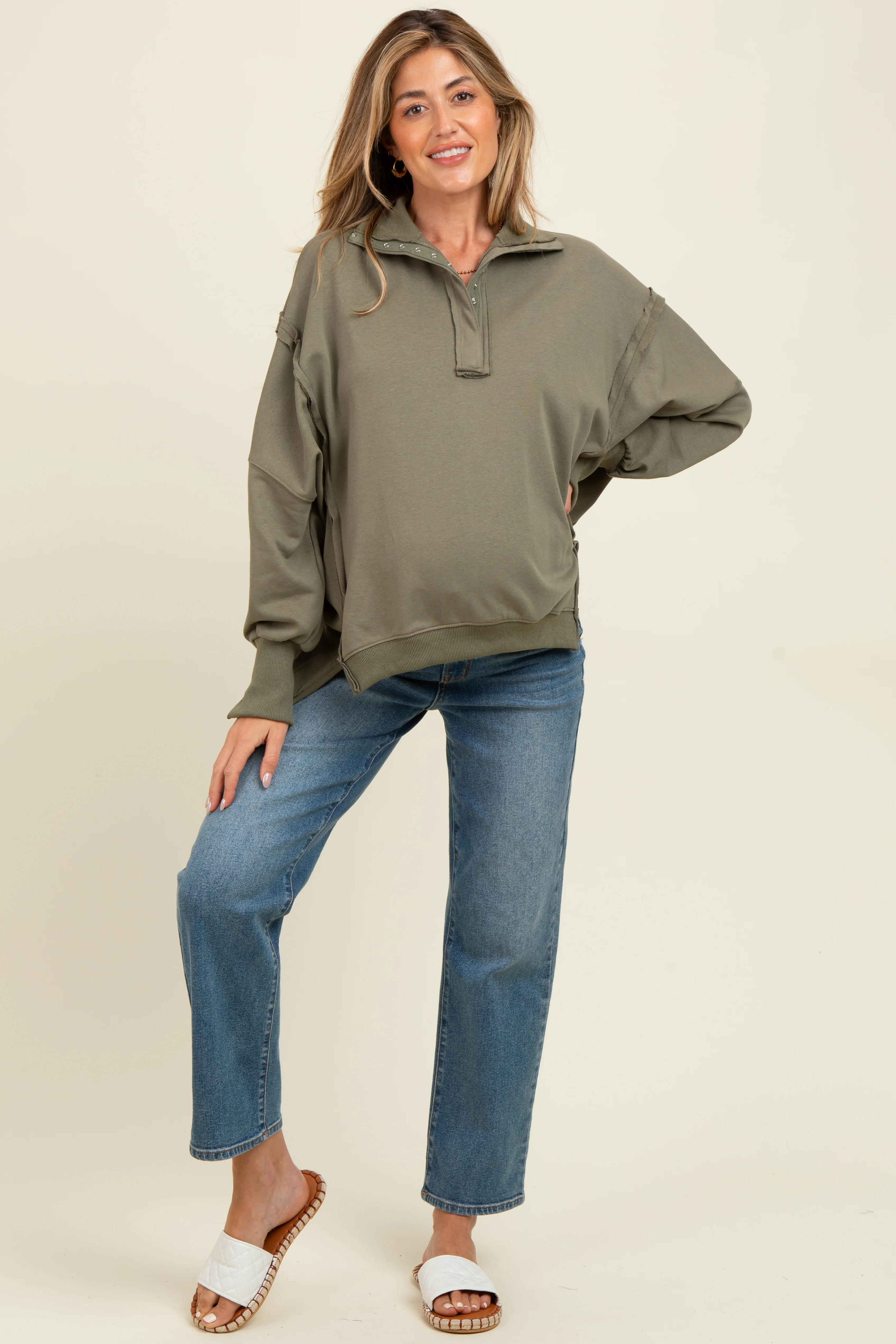 Olive Snap Button Pullover Henley Maternity Sweatshirt - Image 2