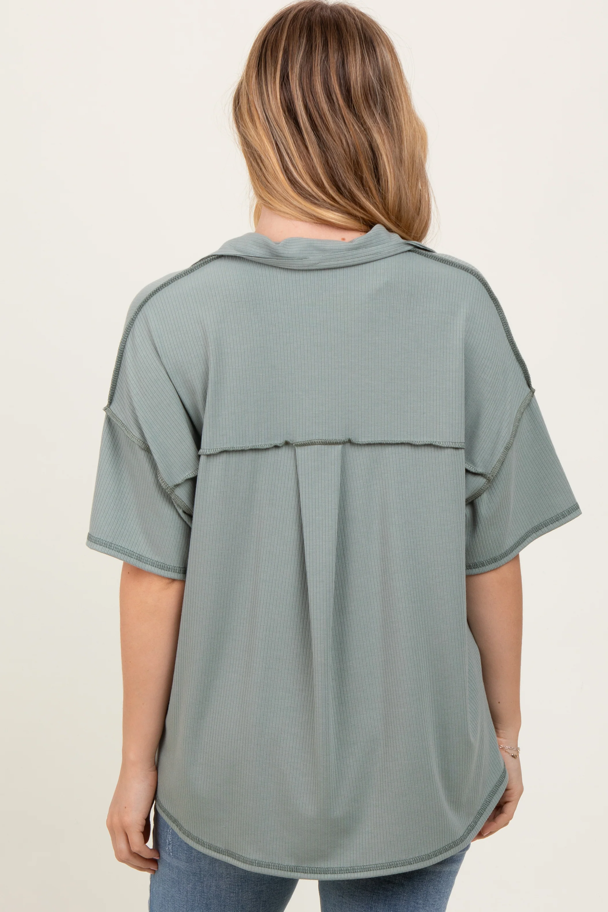 Olive Solid Ribbed Collar V-Neck Tunic Top - Image 3