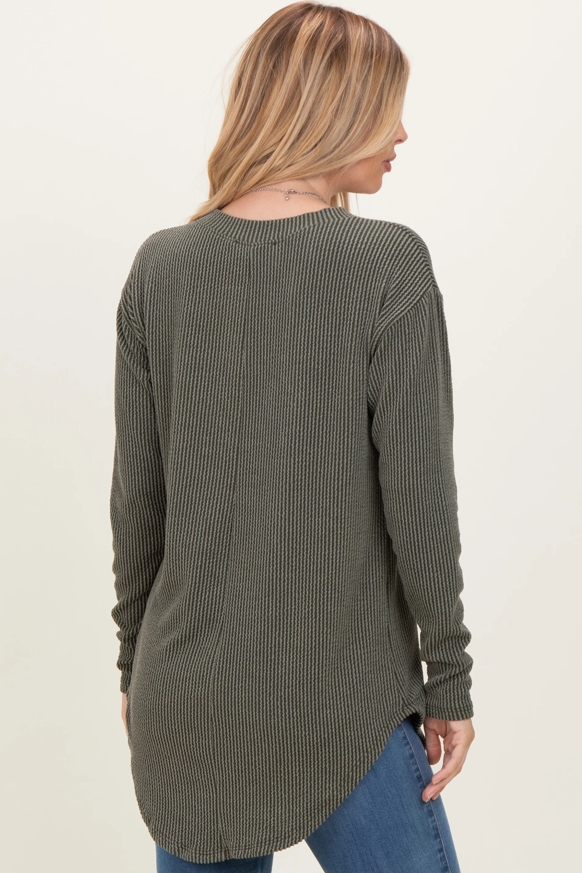 Olive Solid Ribbed Long Sleeve Tunic Top - Image 3