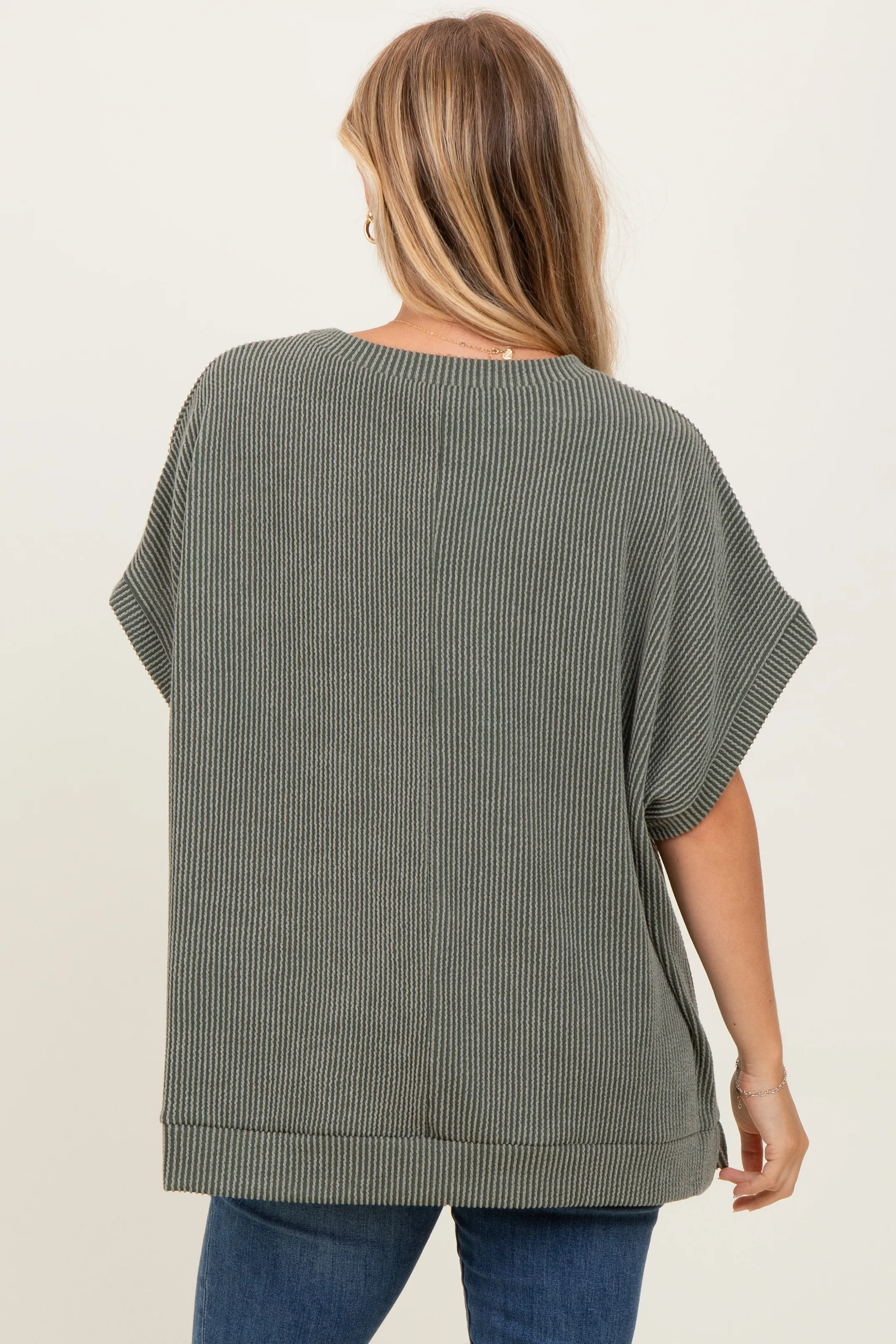 Olive Solid Ribbed Short Sleeve Oversized Tunic Top - Image 4
