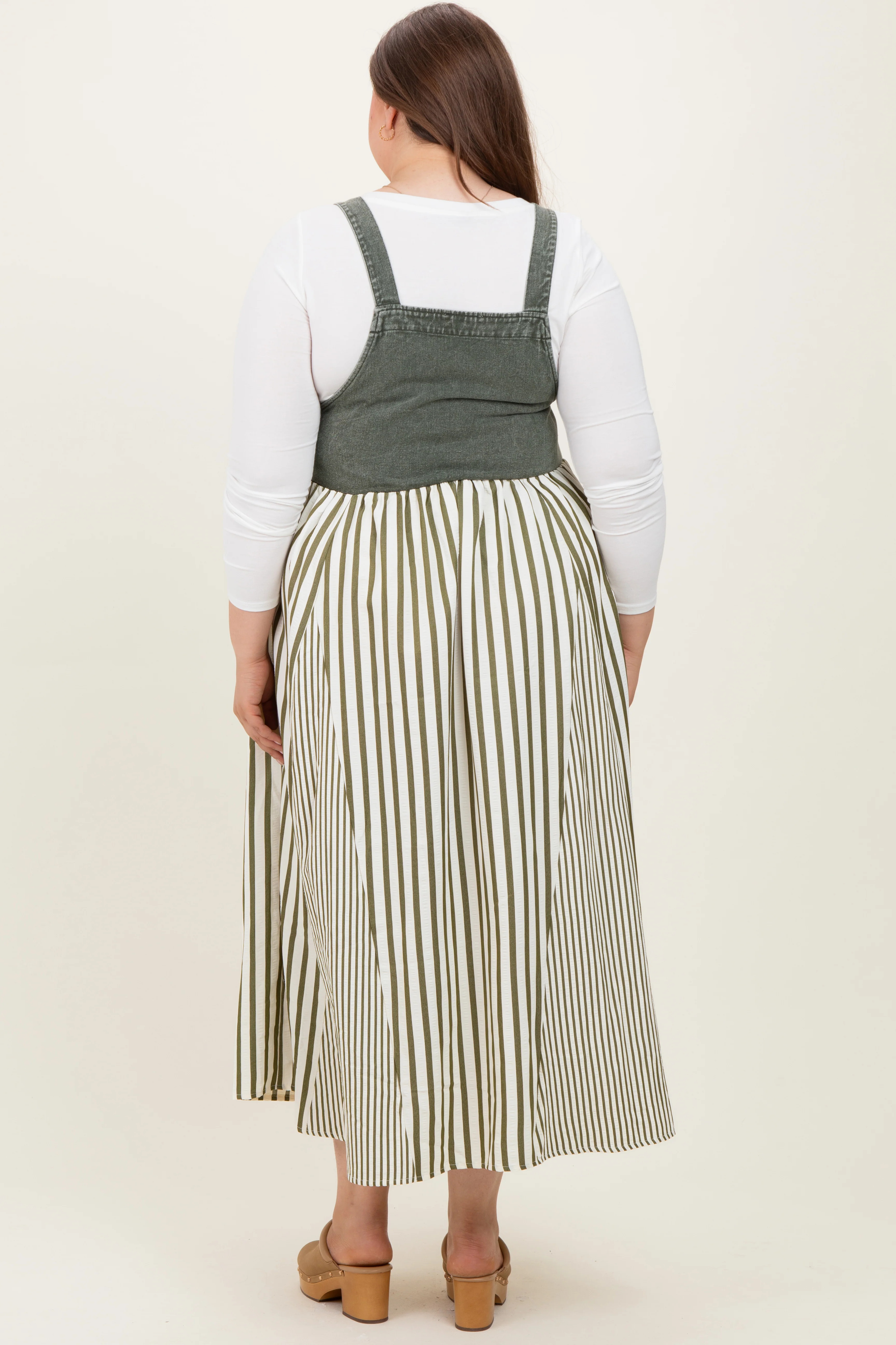 Olive Striped Colorblock Denim Contrast Maternity Plus Maxi Dress - Image 4
