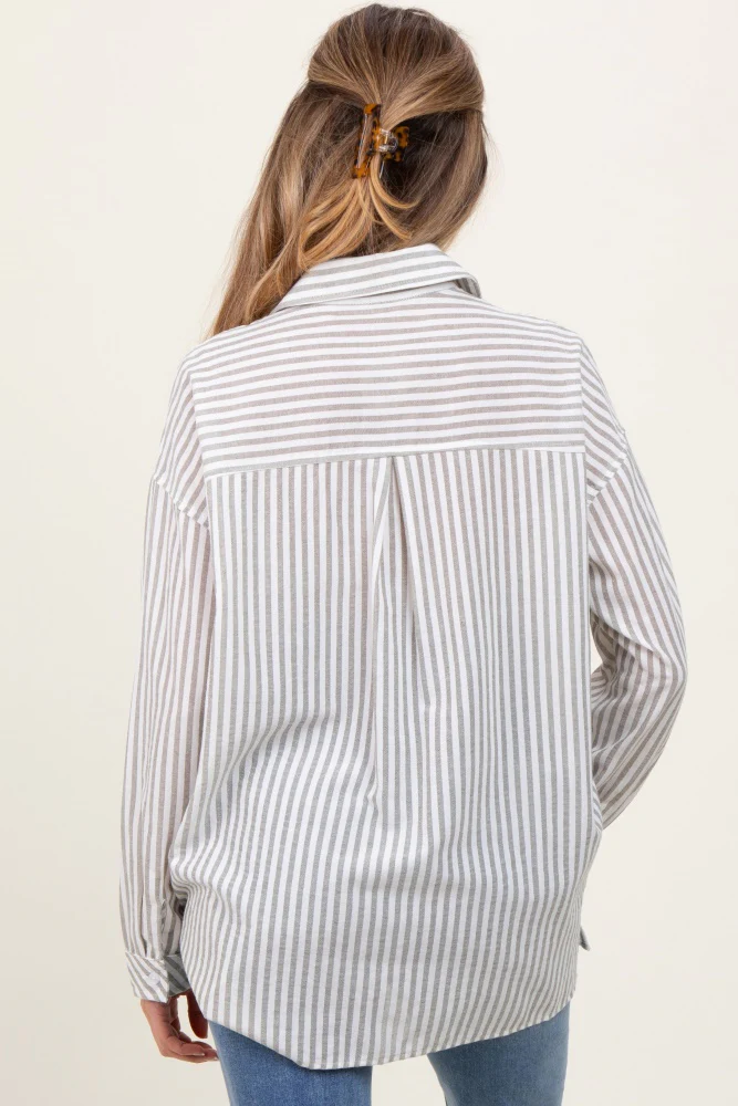 Olive Striped Double Pocket Maternity Button Down Top - Image 4