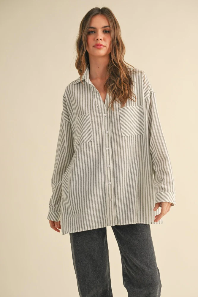 Olive Striped Double Pocket Maternity Button Down Top - Image 5
