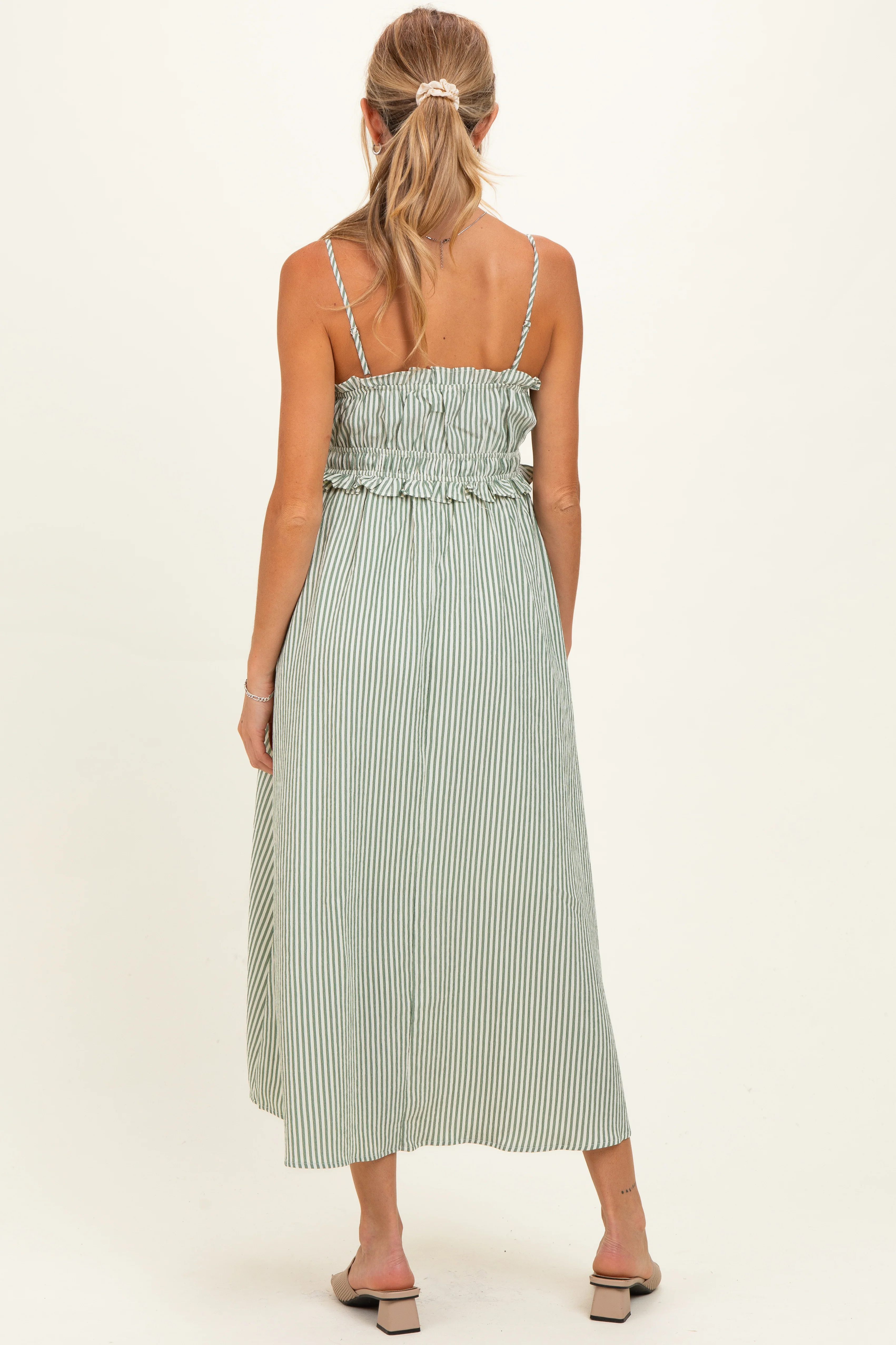 Olive Striped Front Tie Cutout Ruffle Maternity Midi Dress - Image 3