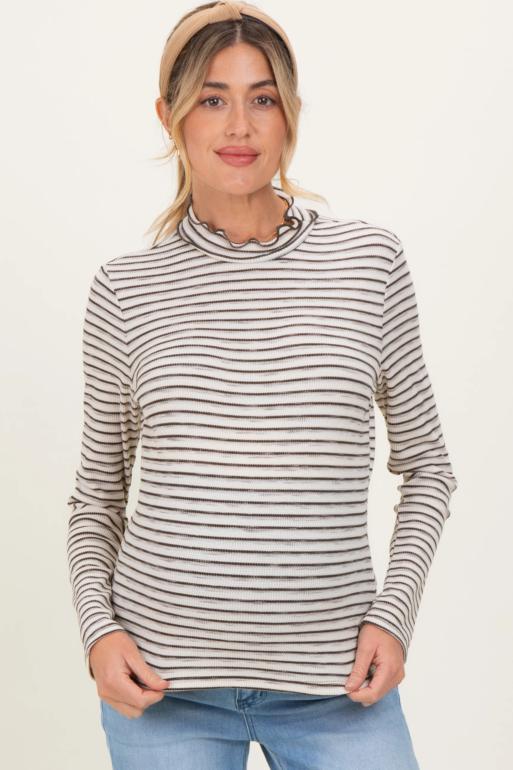 Olive Striped Ribbed Mock Neck Ruffle Hem Maternity Top - Image 3