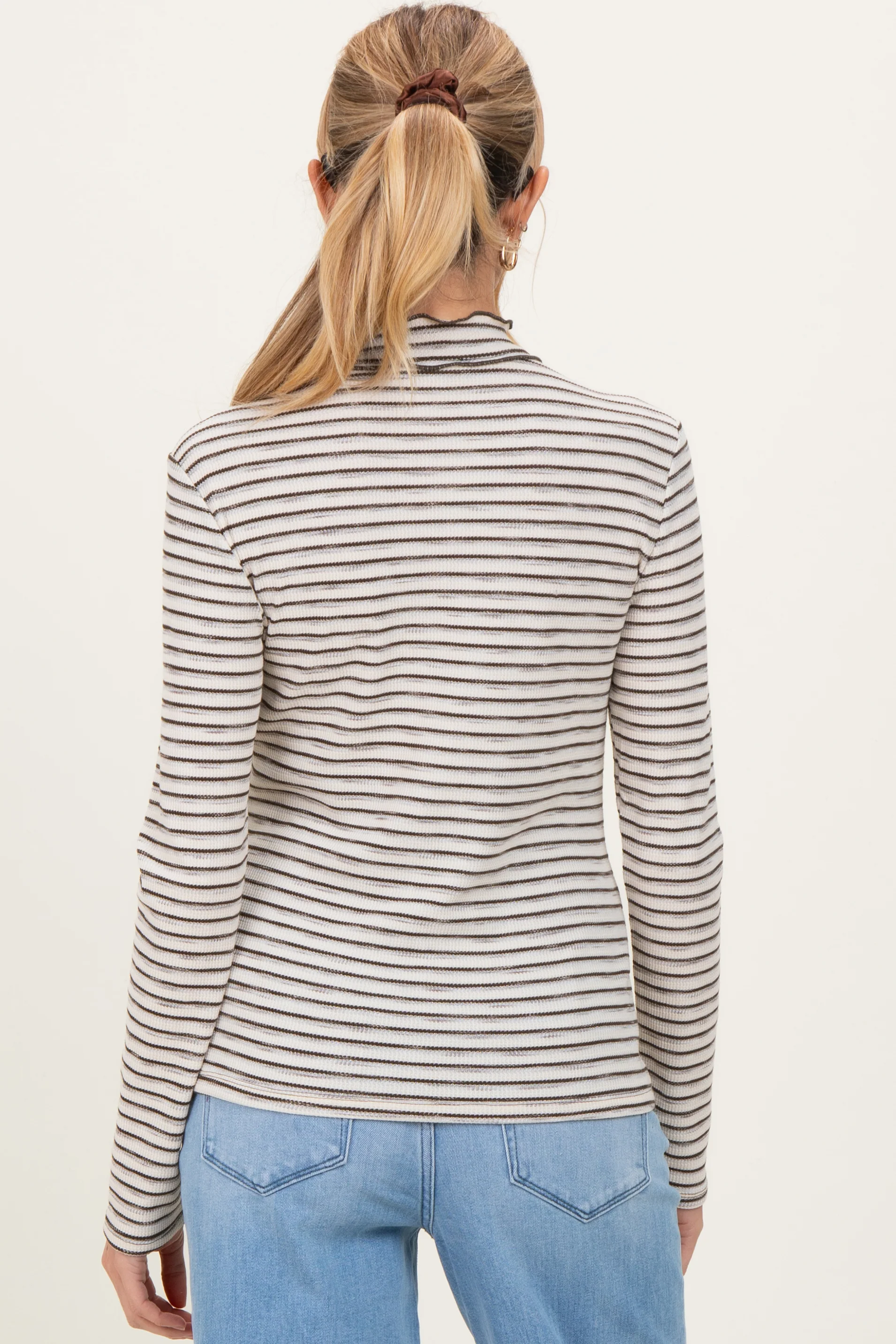 Olive Striped Ribbed Mock Neck Ruffle Hem Maternity Top - Image 5