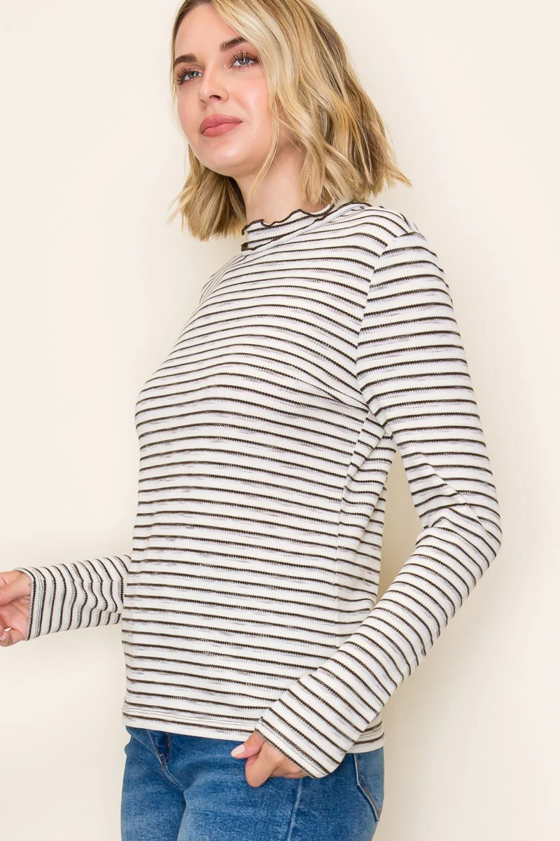 Olive Striped Ribbed Mock Neck Ruffle Hem Top - Image 3