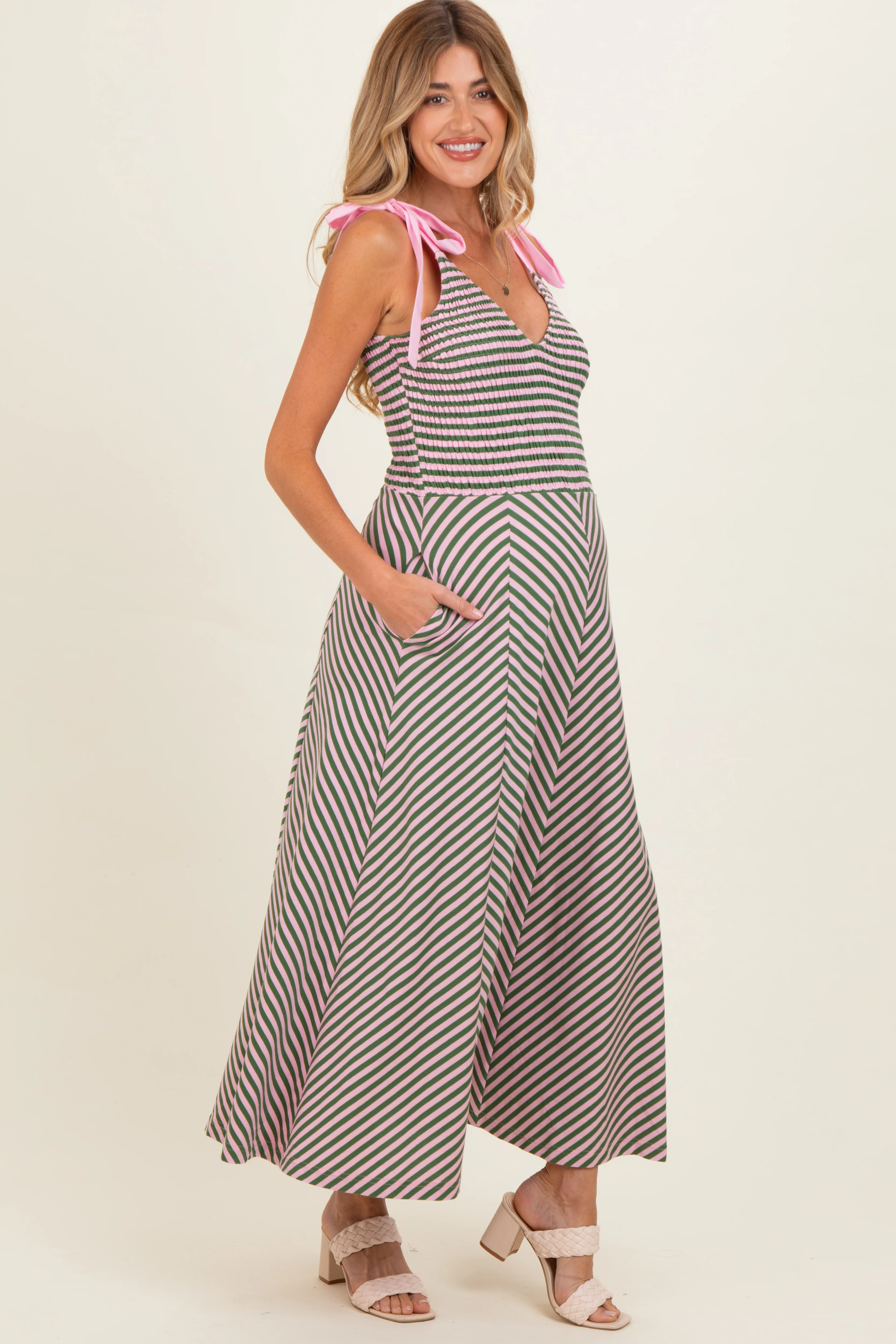 Olive Striped Smocked Shoulder Tie Maternity Midi Dress - Image 3