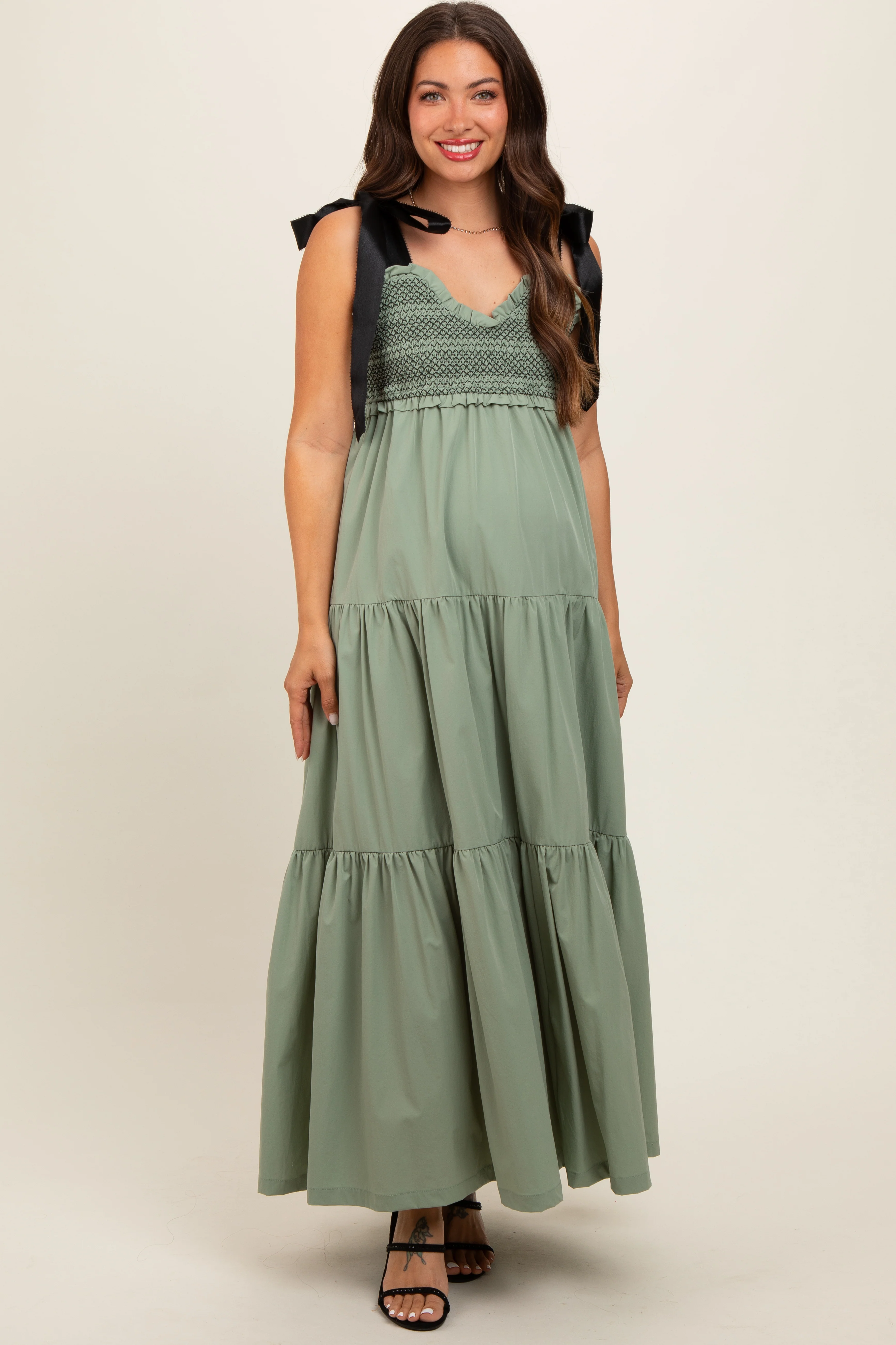 Olive Sweetheart Neck Smocked Embroidered Ribbon Shoulder Tie Maternity Midi Dress - Image 2