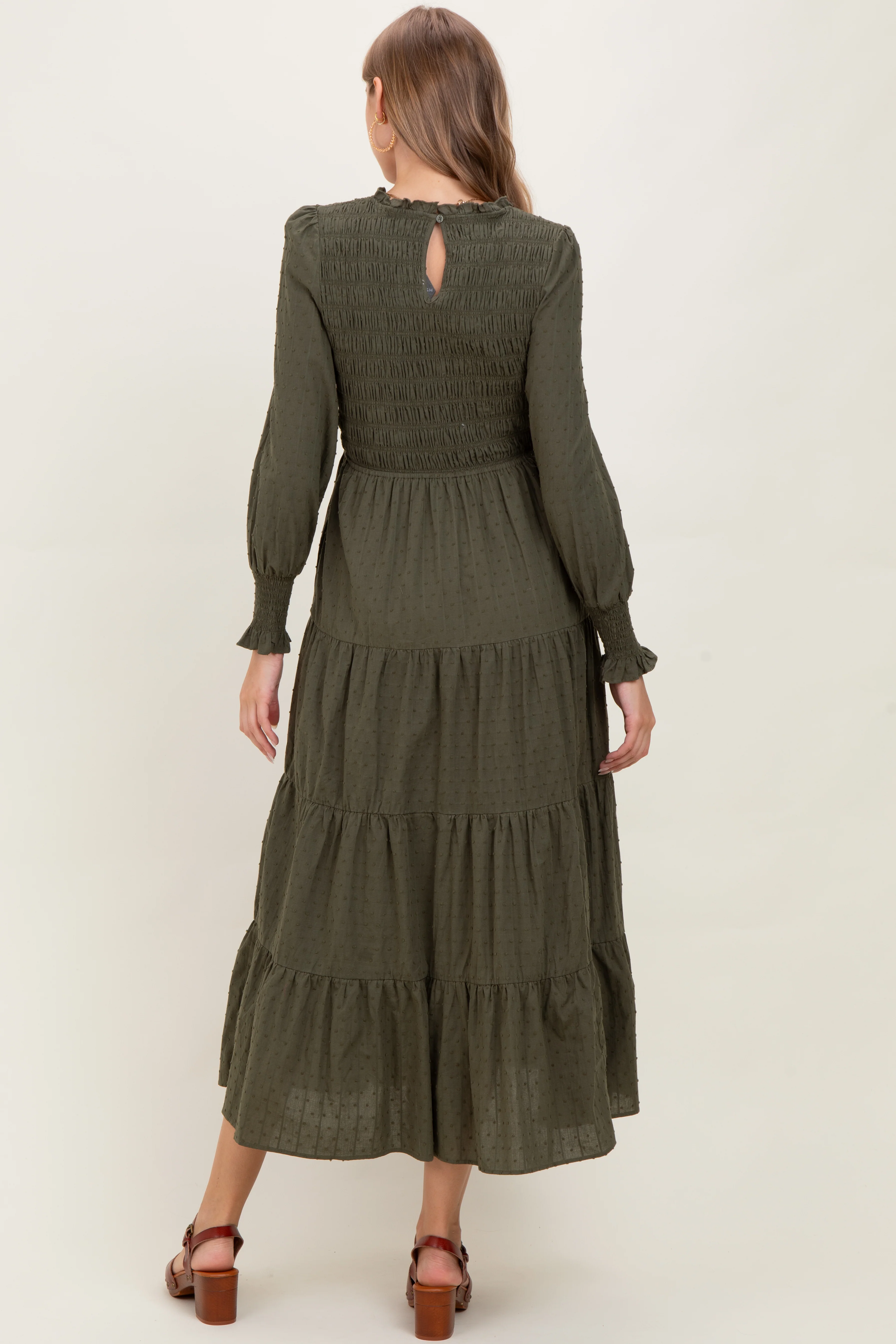 Olive Swiss Dot Smocked Tiered Maternity Maxi Dress - Image 4