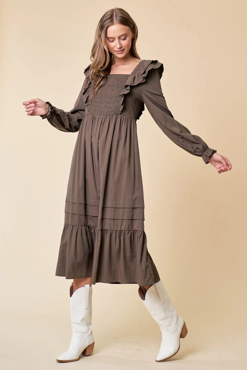 Olive Tiered Midi Dress With Smocking - Image 2