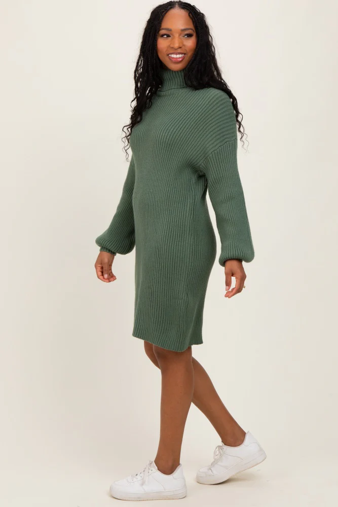 Olive Turteneck Ribbed Sweater Dress - Image 3