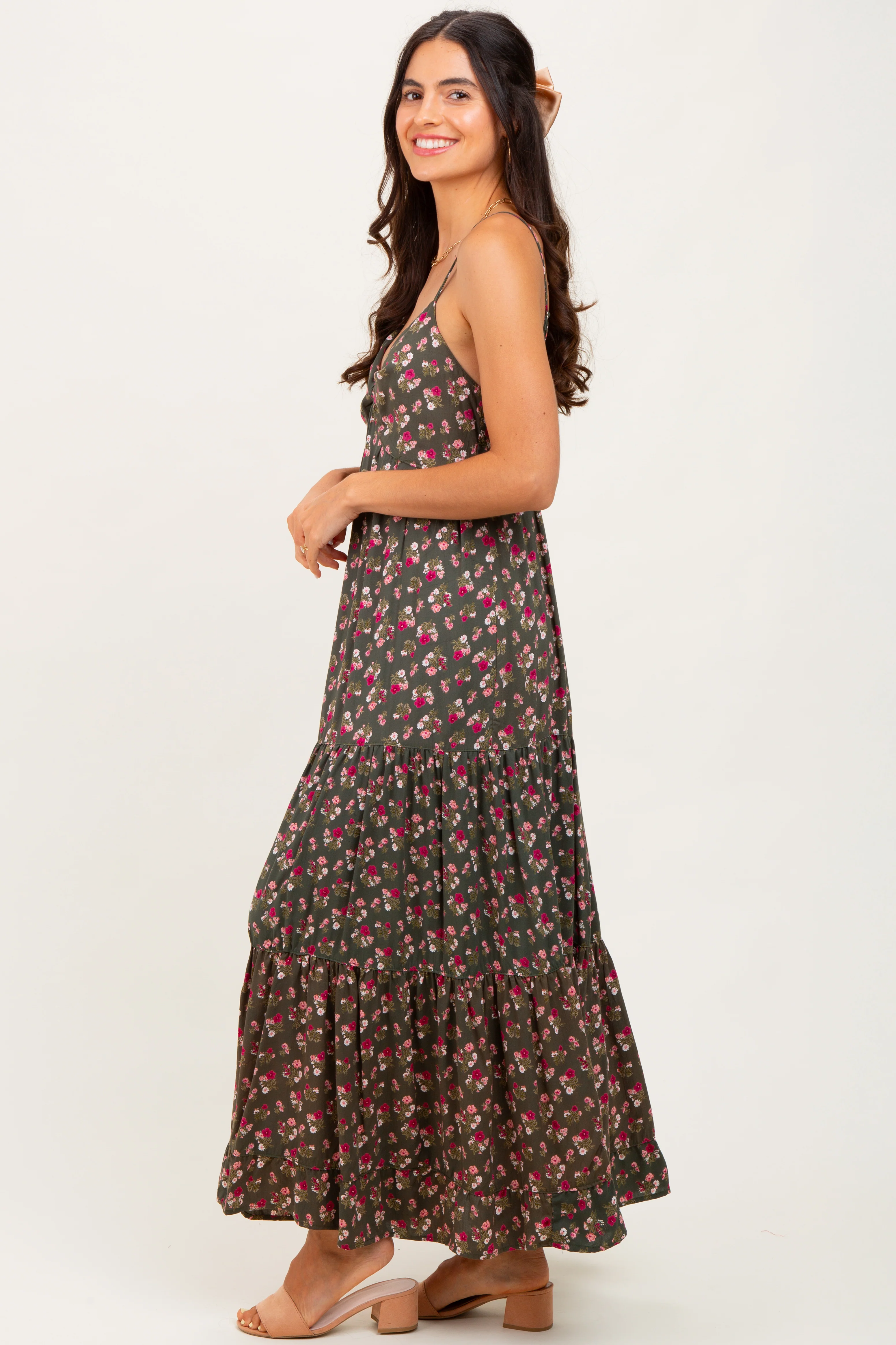 Olive Twist Front Tiered Midi Dress - Image 3