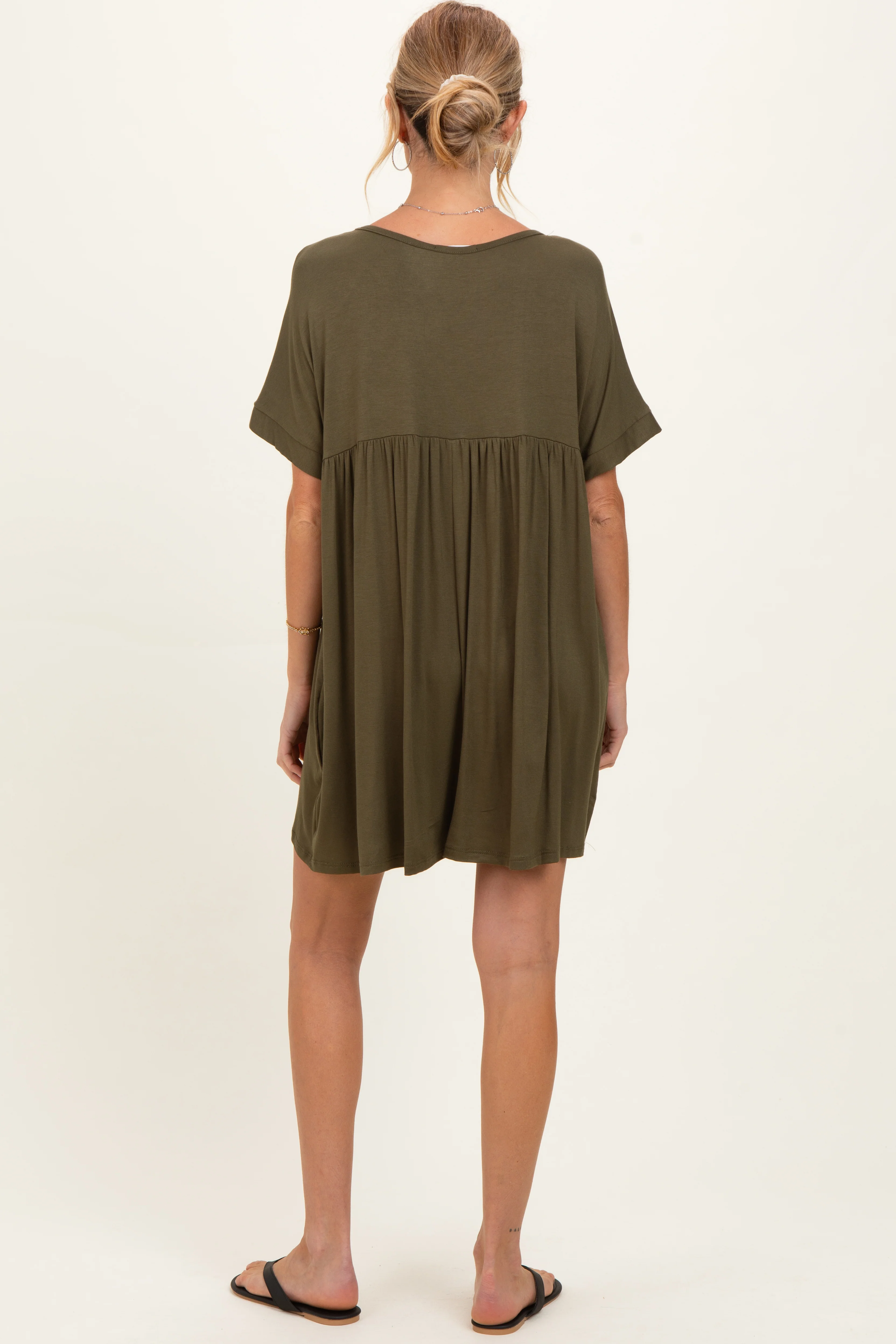 Olive V-Neck Basic Maternity Dress - Image 3