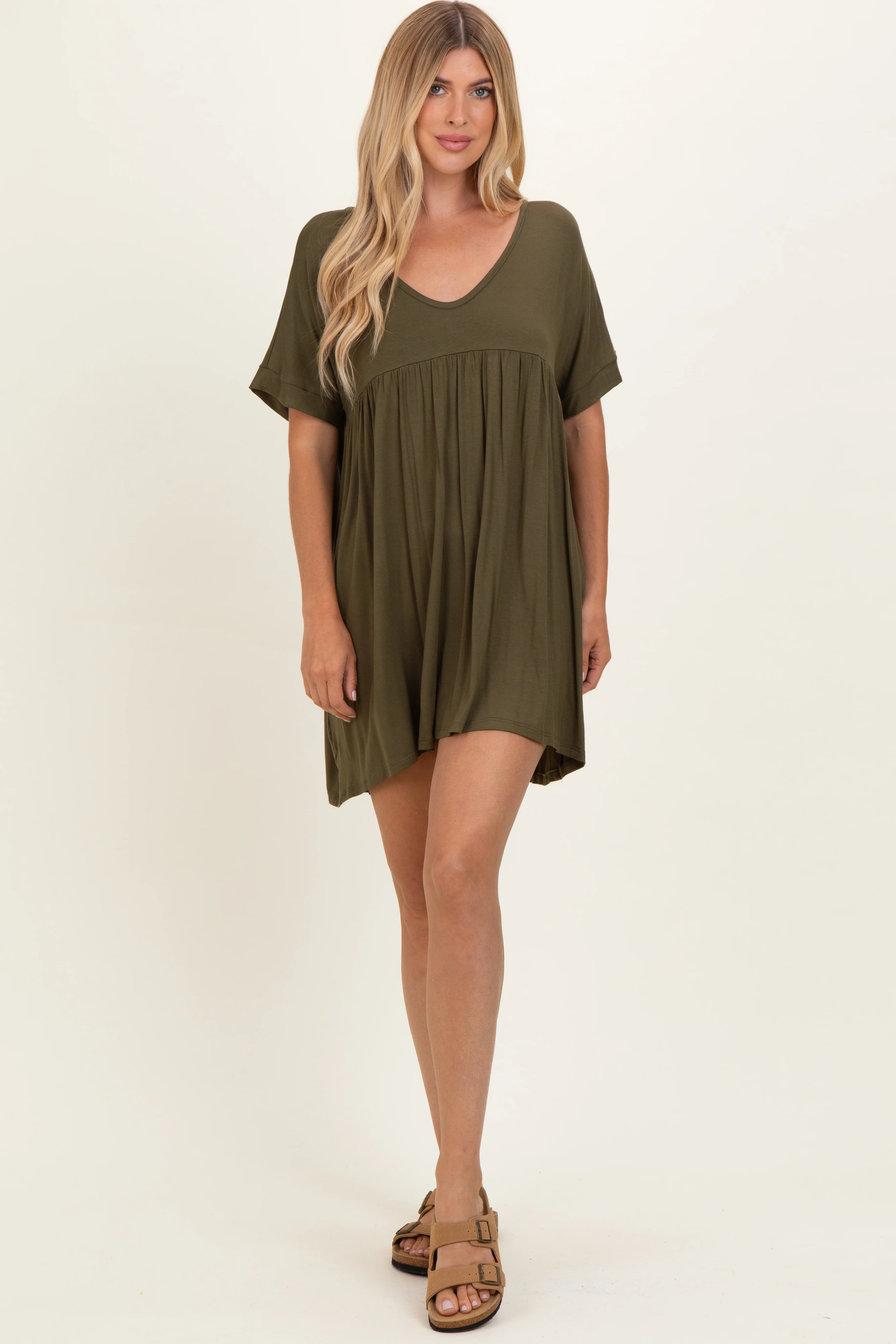 Olive V-Neck Basic Maternity Dress - Image 4