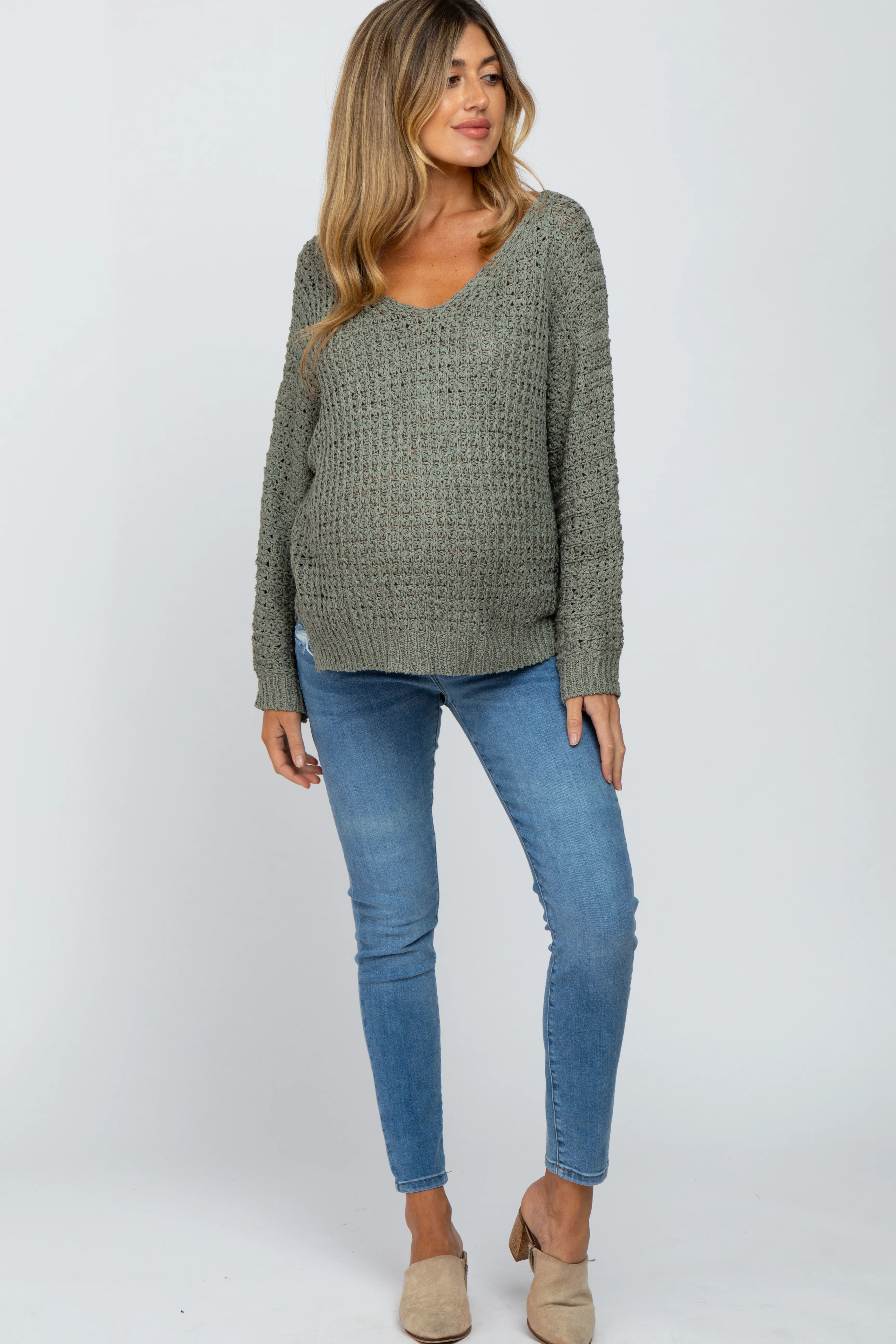 Olive V-Neck Side Slit Thick Knit Maternity Sweater - Image 4