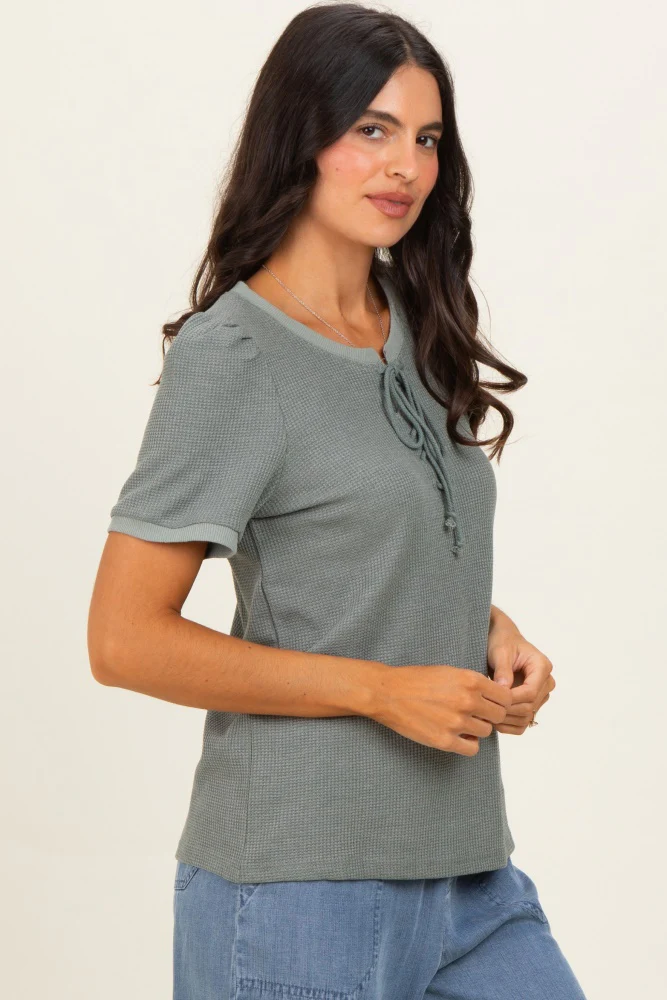 Olive Waffle Knit Lace-Up Top - Image 4