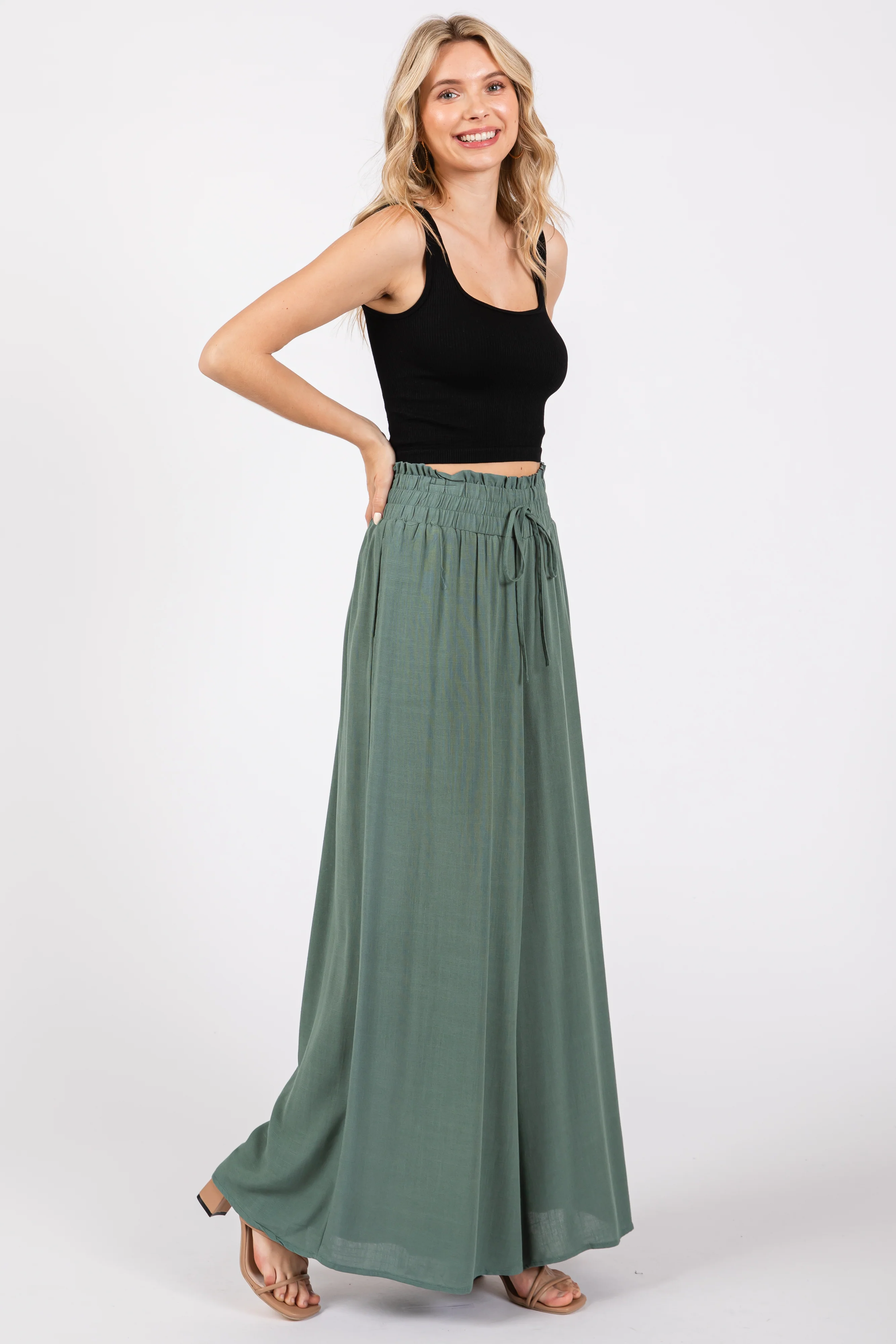 Olive Wide Leg Smocked Lightweight Pants - Image 2