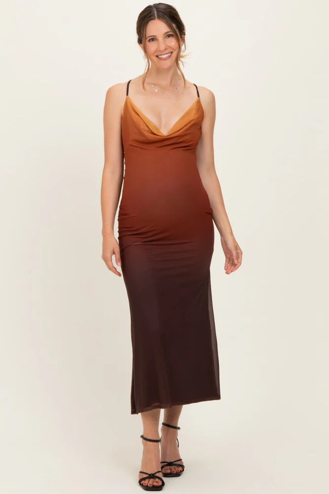 Ombre Brown Mesh Draped Neck Maternity Maxi Dress - Image 2