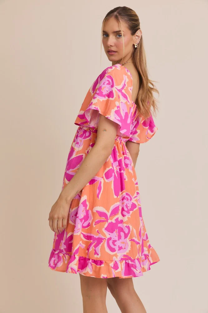 Orange Abstract Floral Cinch Bust Dress - Image 4