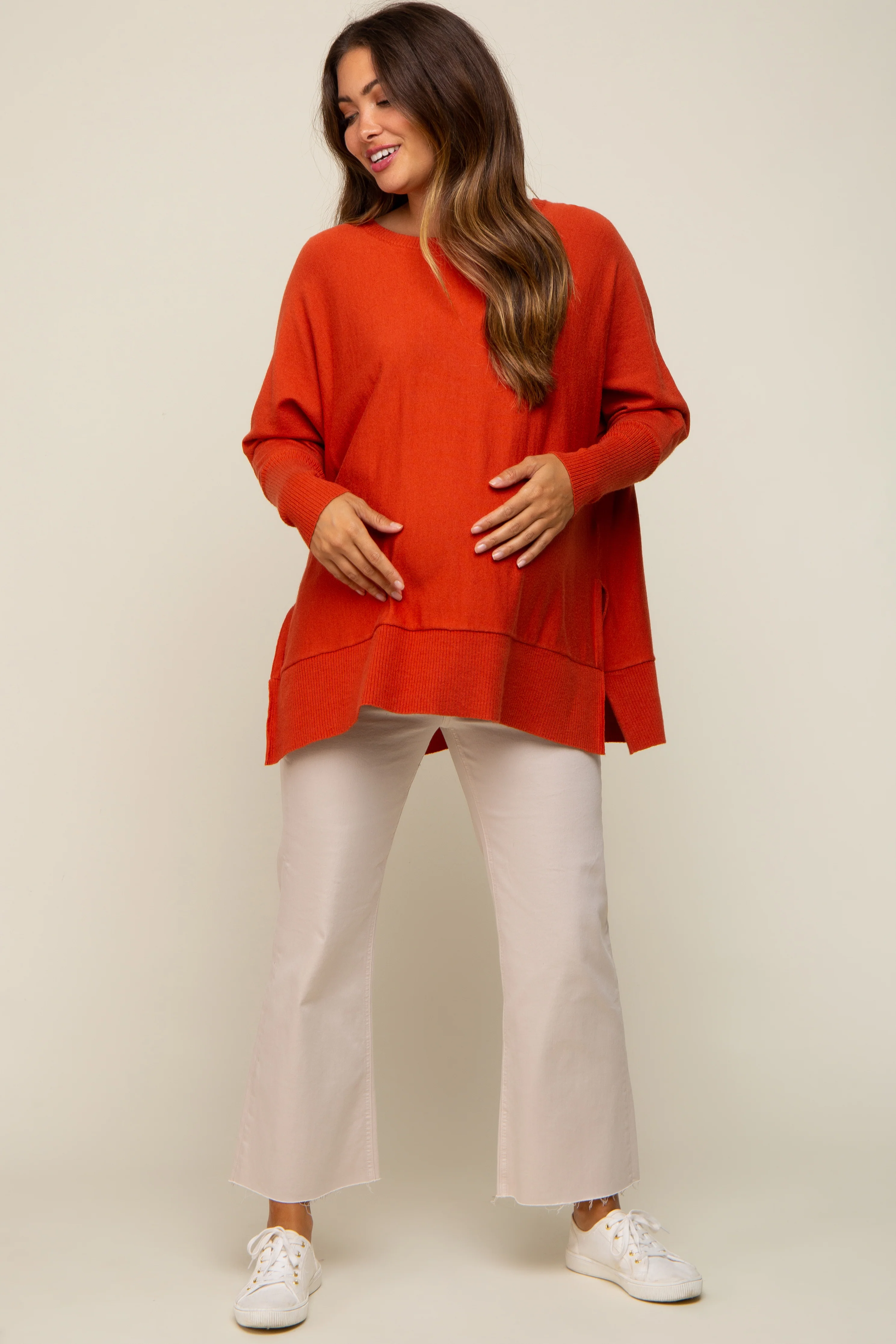 Orange Dolman Sleeve Side Slit Maternity Sweater - Image 5