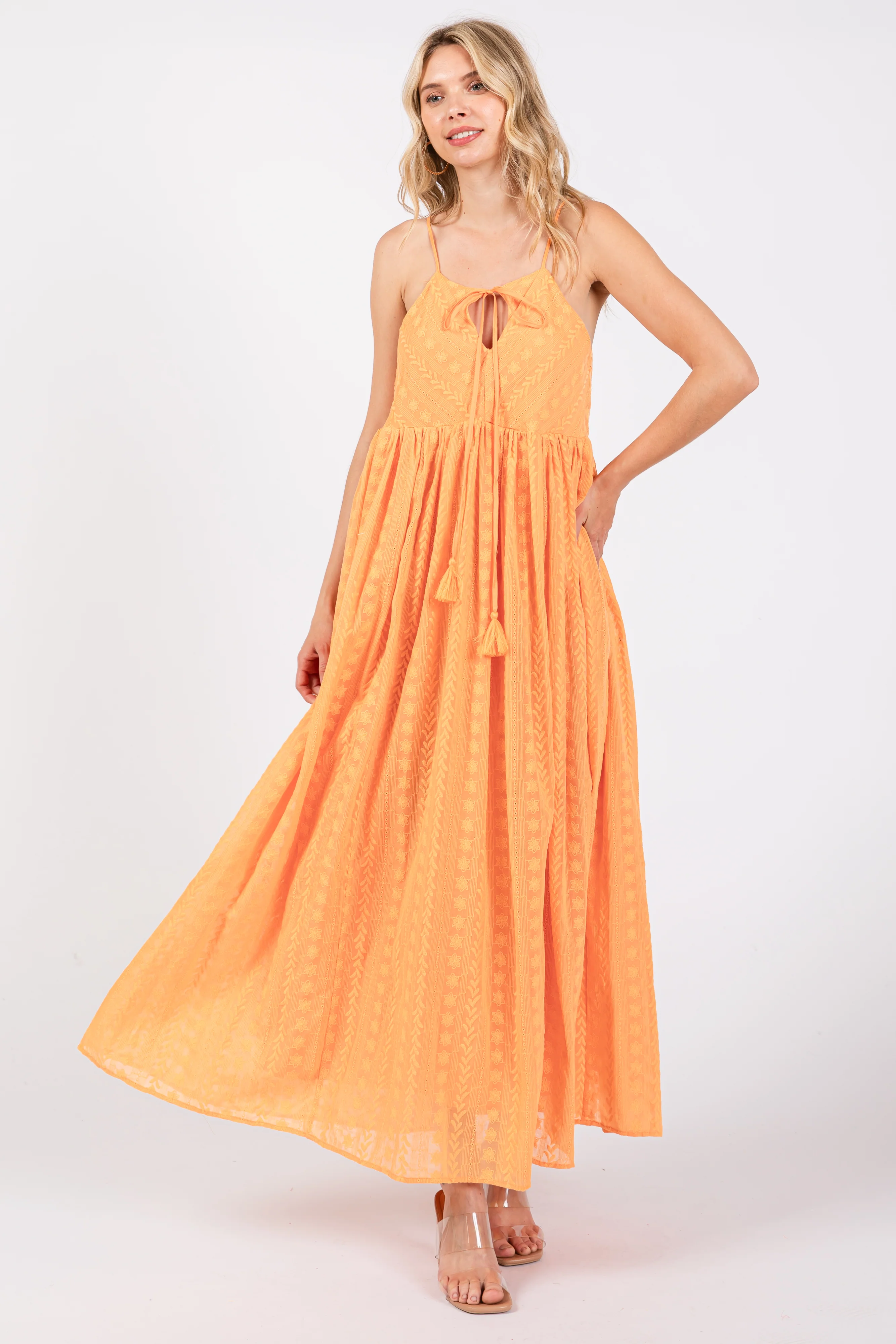 Orange Embroidered Tassel Tie Maternity Maxi Dress - Image 4