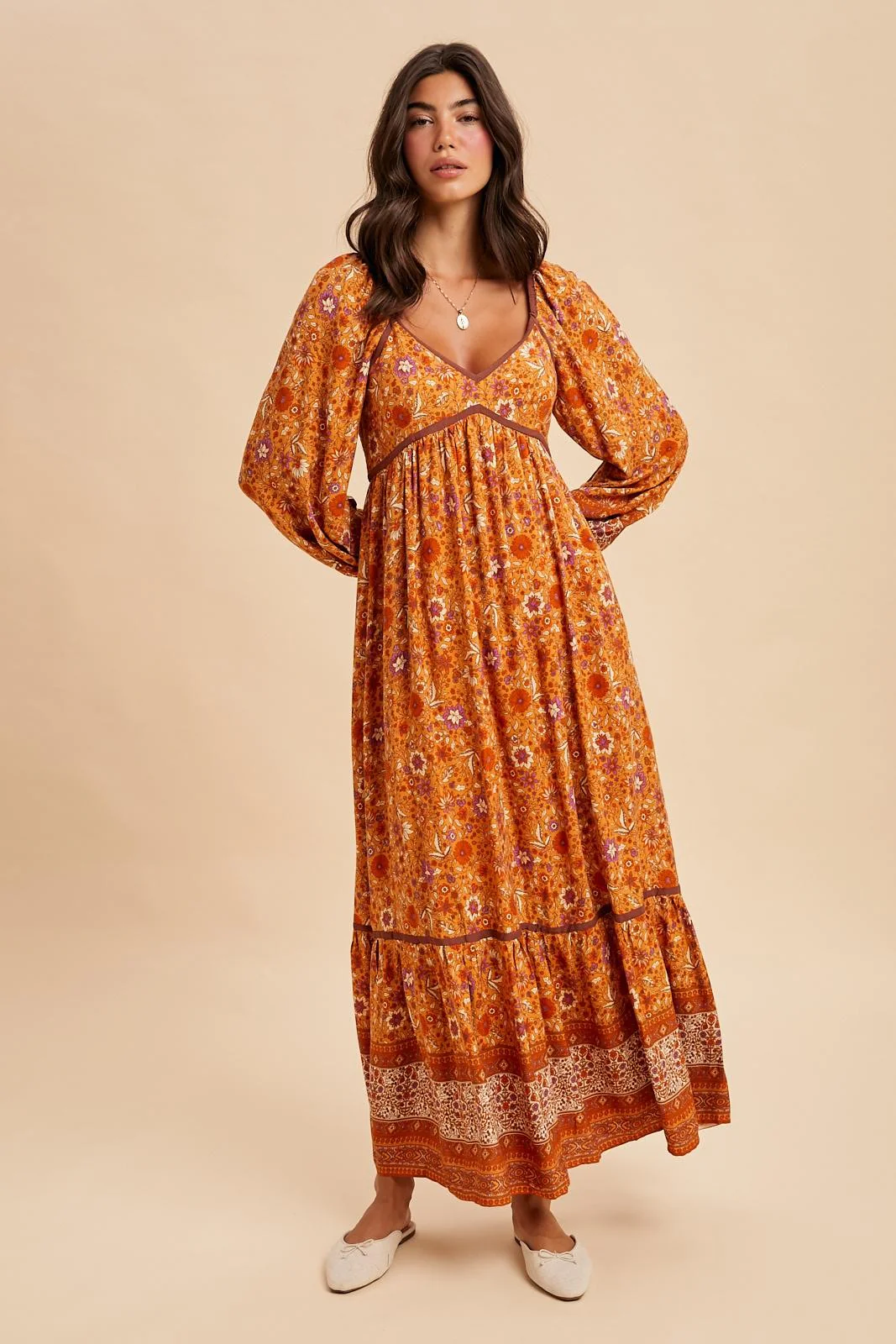 Orange Floral Border Print Long Sleeve Maxi Dress - Image 2