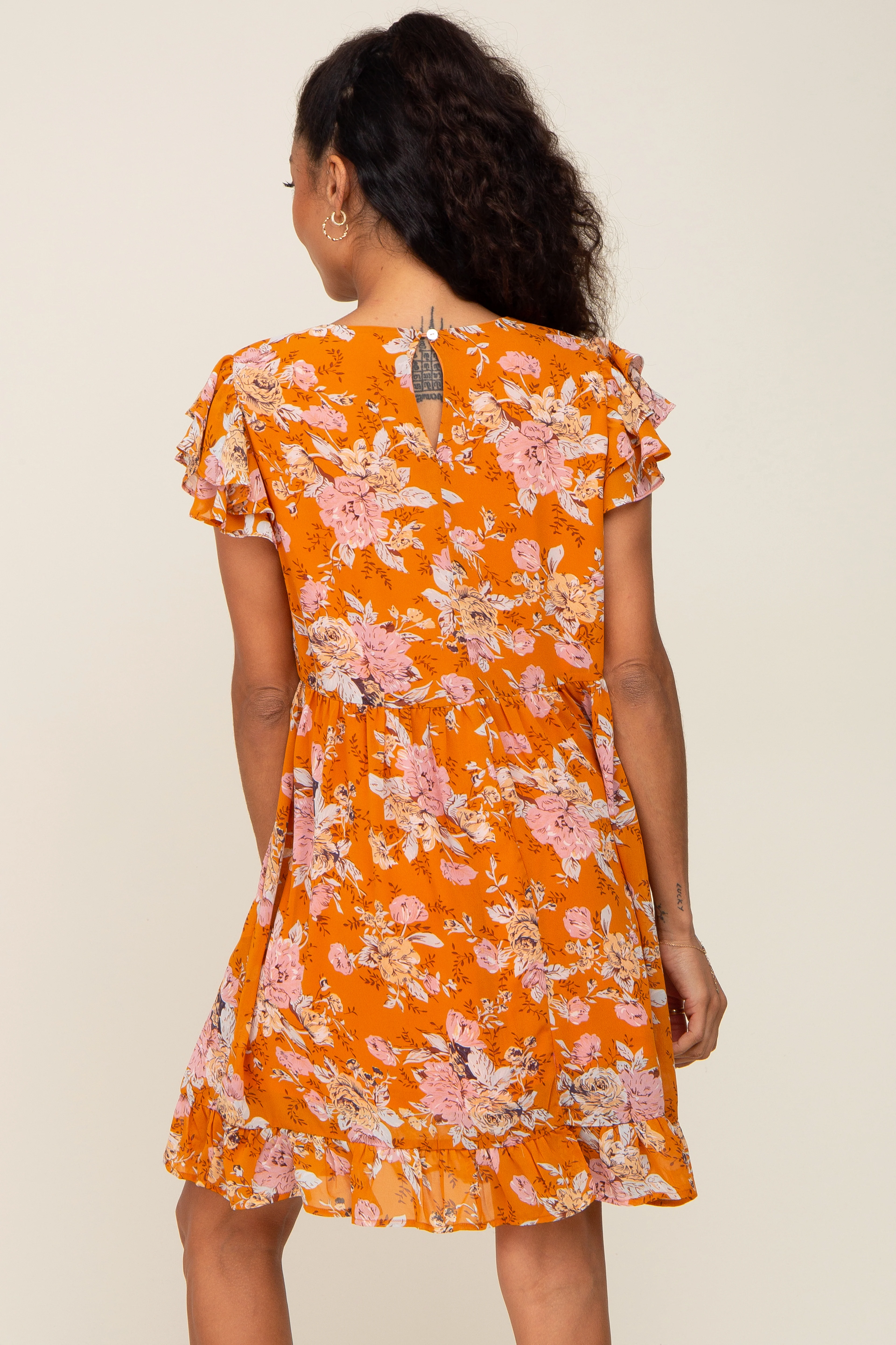 Orange Floral Flutter Sleeve Babydoll Dress - Image 3