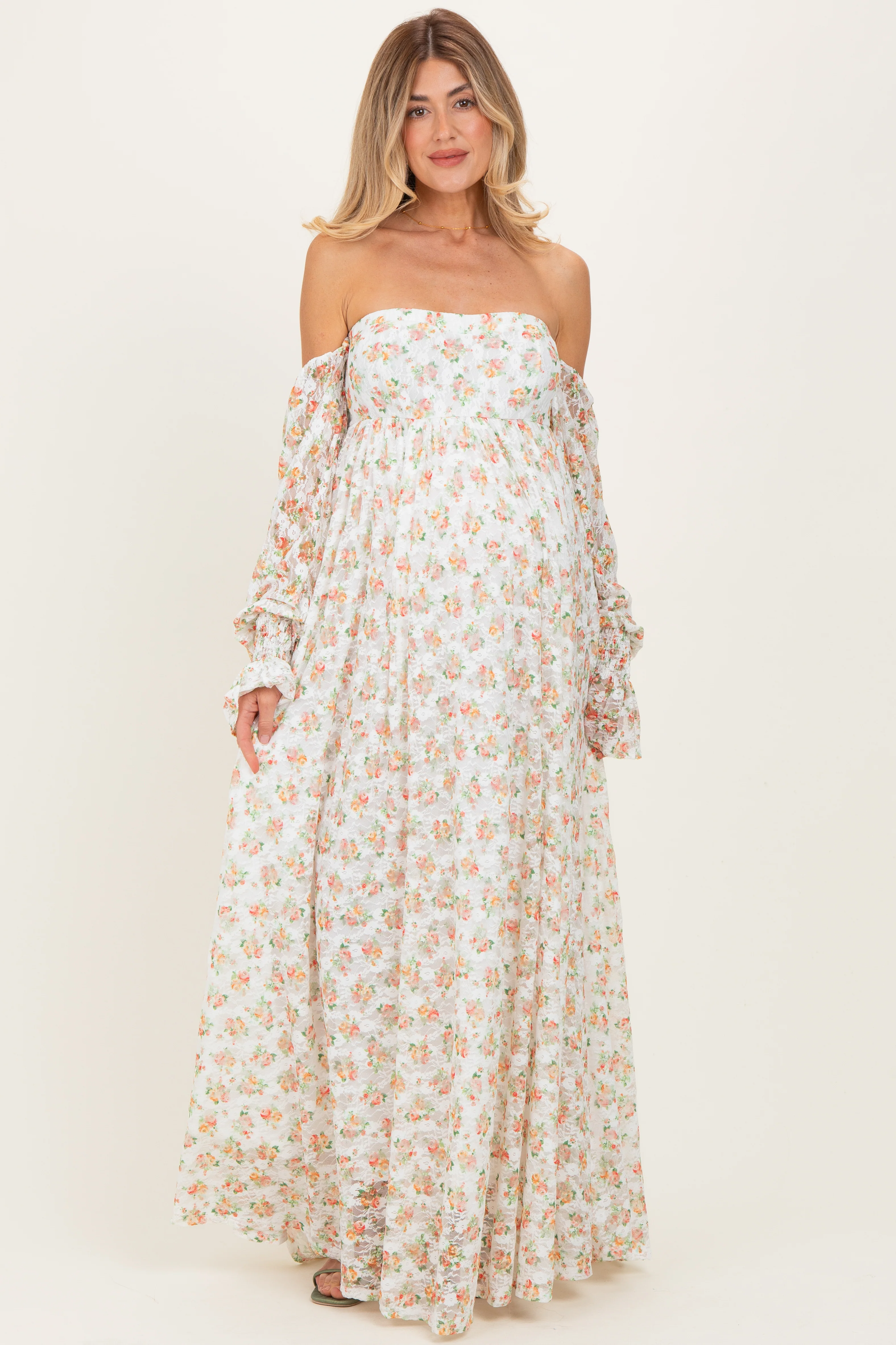 Orange Floral Lace Smocked Long Sleeve Off Shoulder Maternity Maxi Dress - Image 2