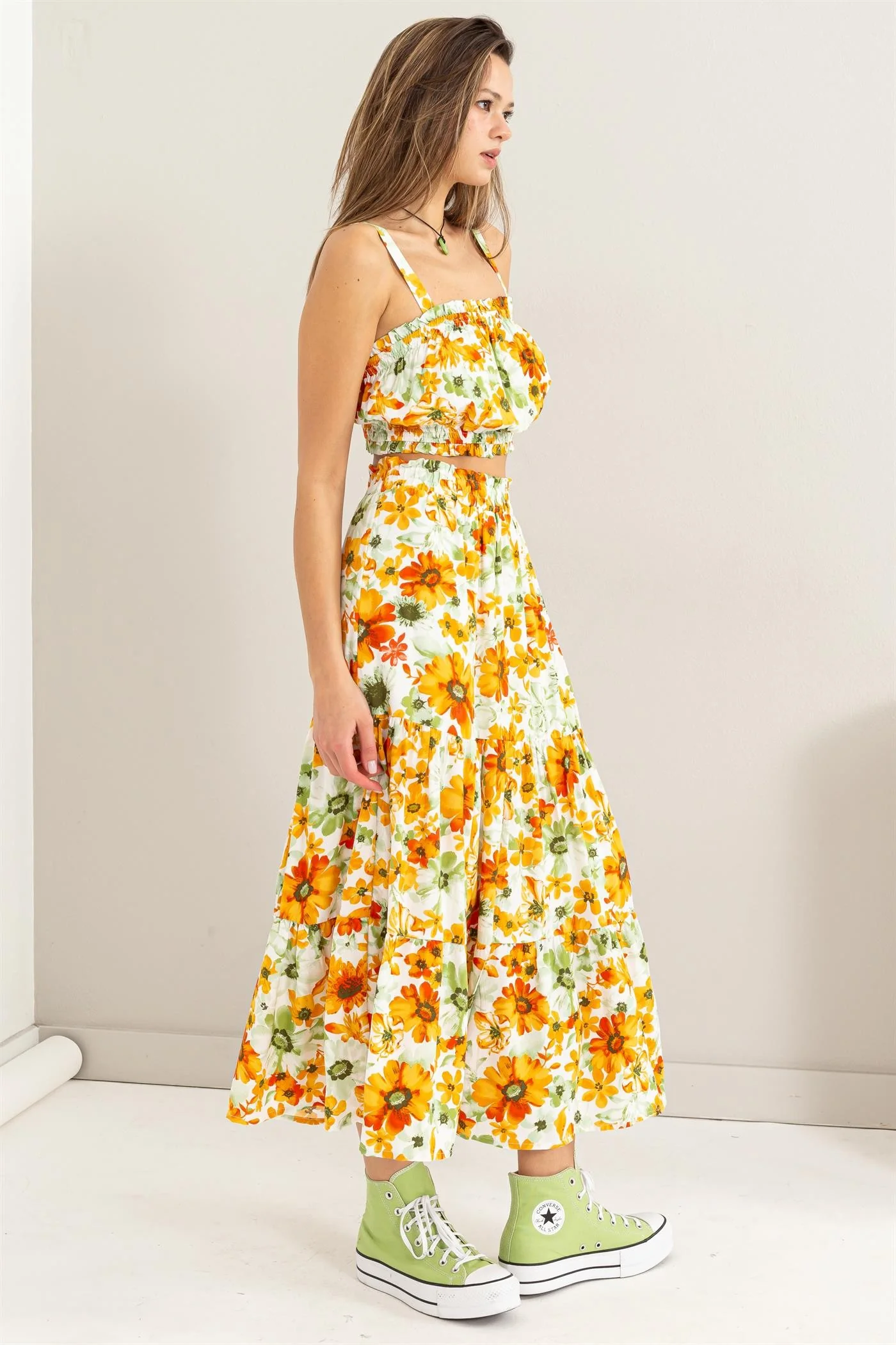 Orange Floral Print Crop Top And Skirt Set - Image 2