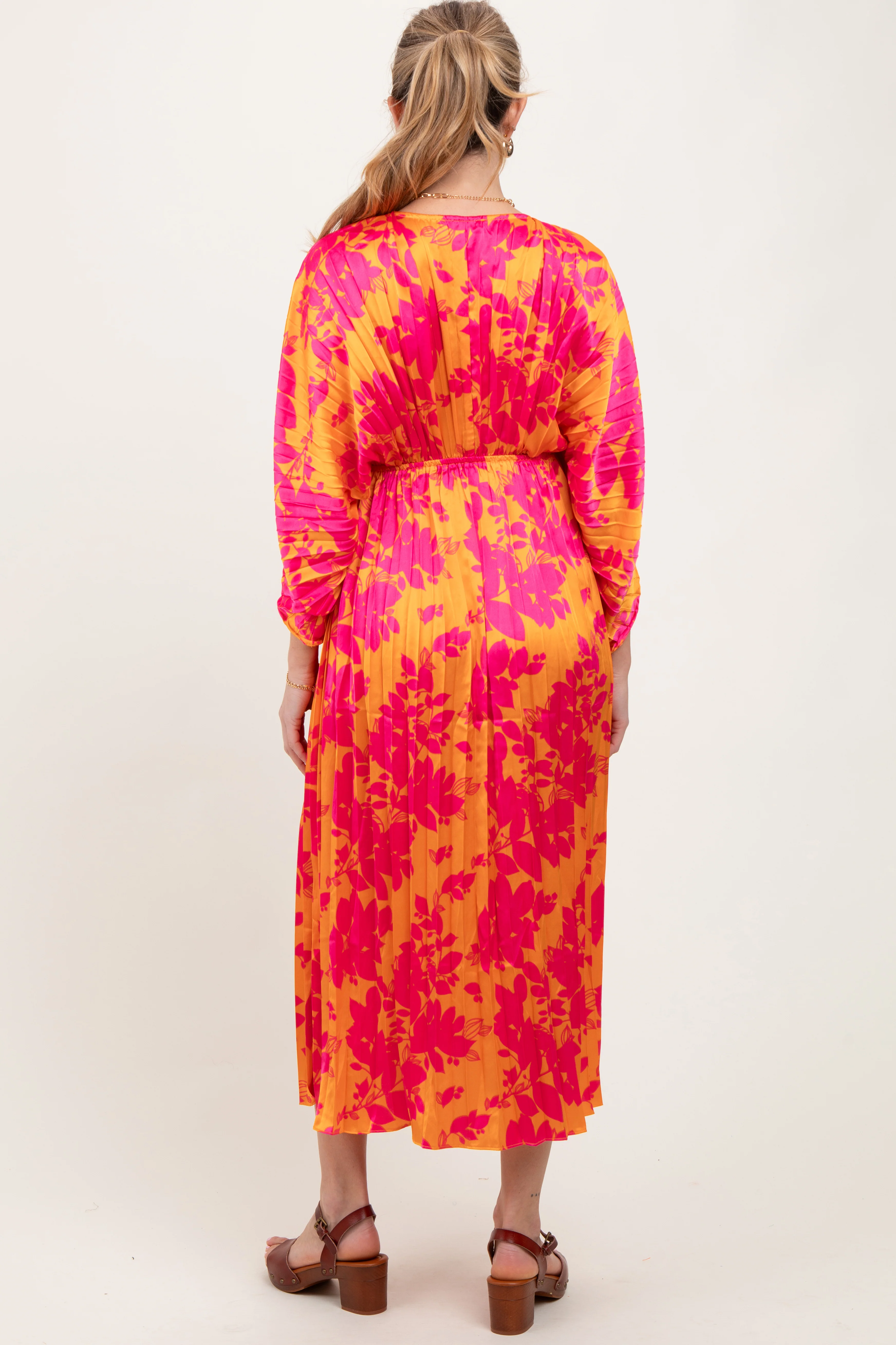 Orange Floral Satin Pleated V-Neck Maternity Maxi Dress - Image 3
