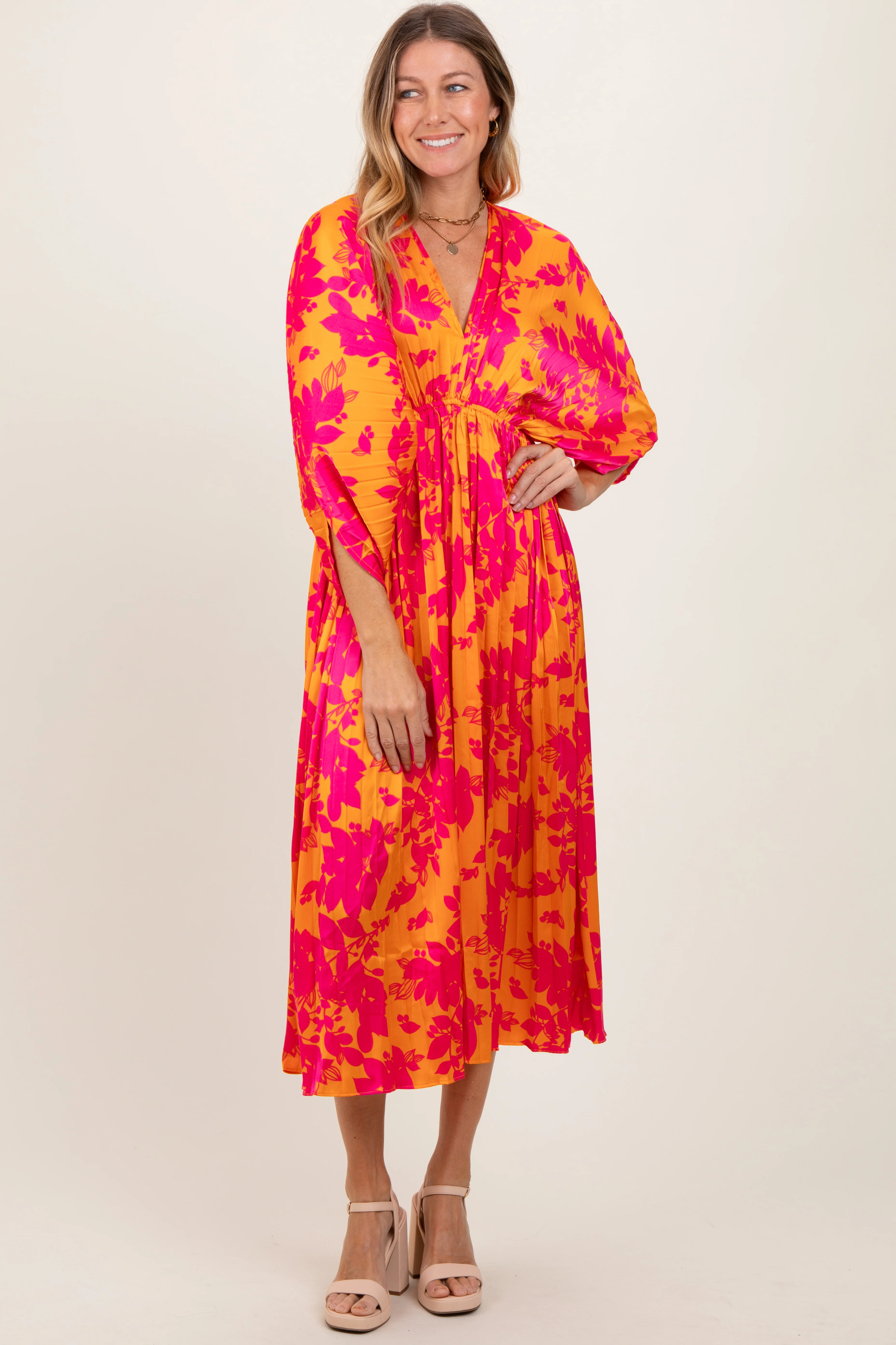 Orange Floral Satin Pleated V-Neck Maternity Maxi Dress - Image 4