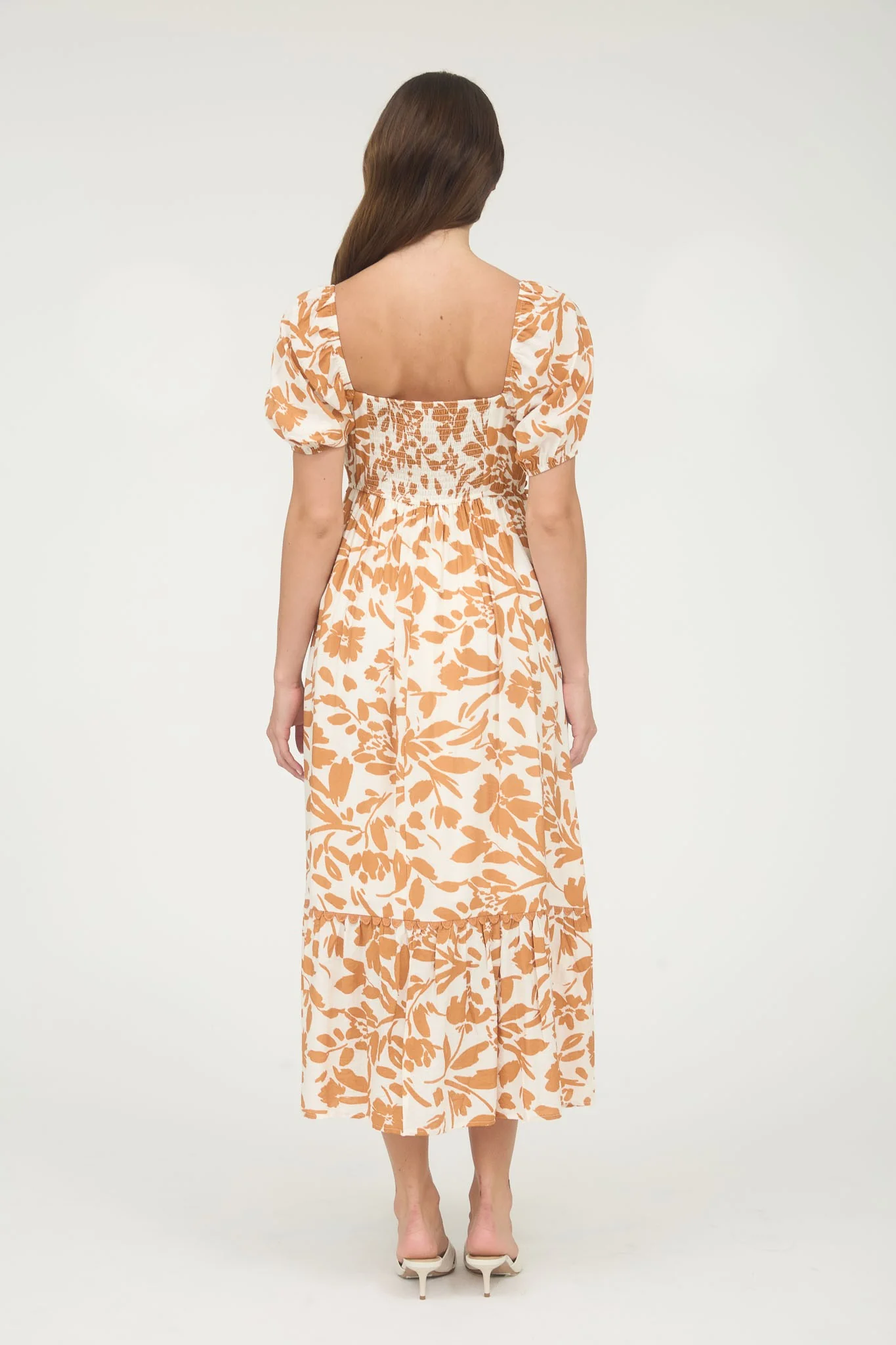 Orange Floral Scallop Trim Puff Sleeve Midi Dress - Image 3