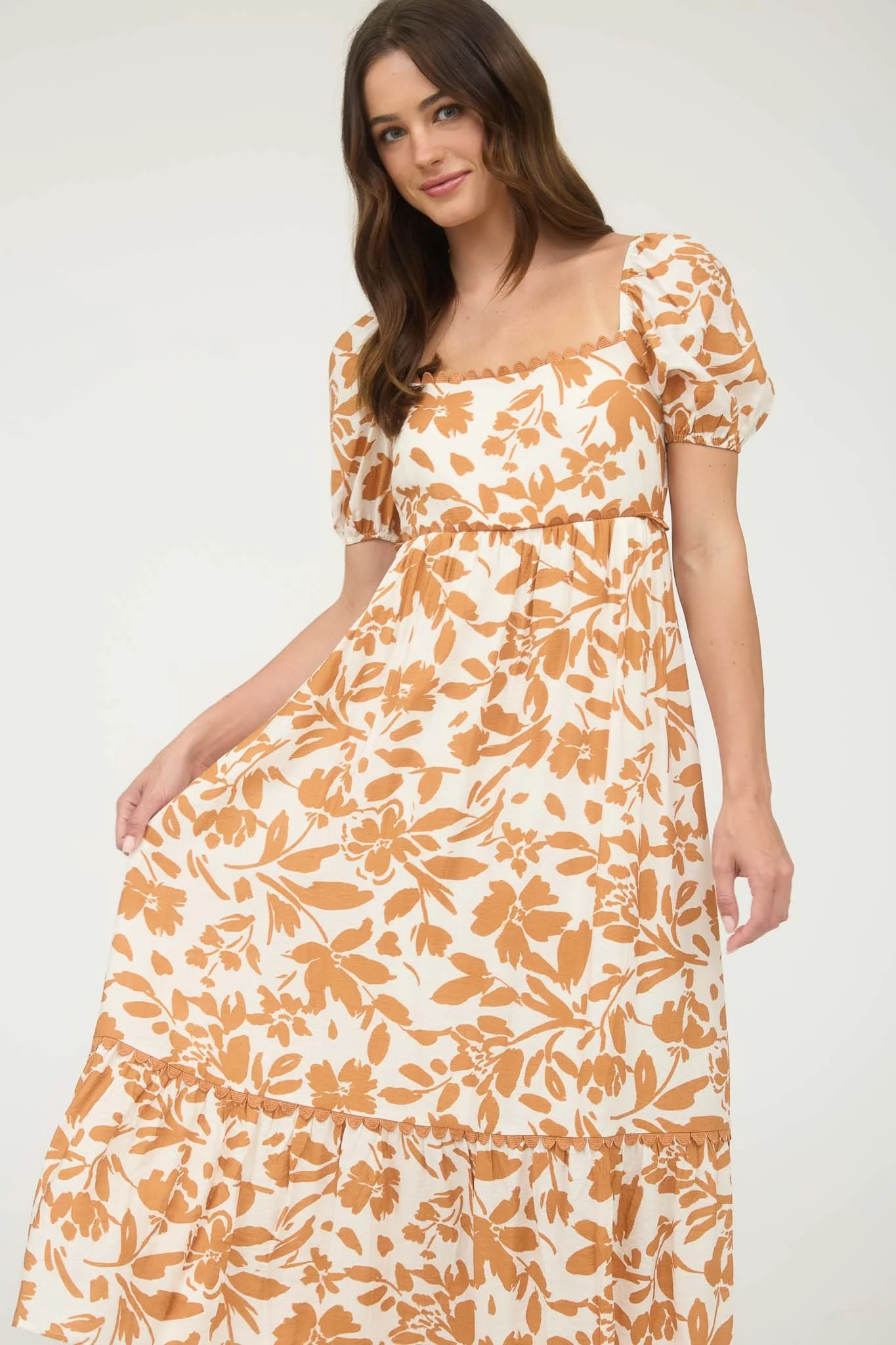 Orange Floral Scallop Trim Puff Sleeve Midi Dress - Image 4