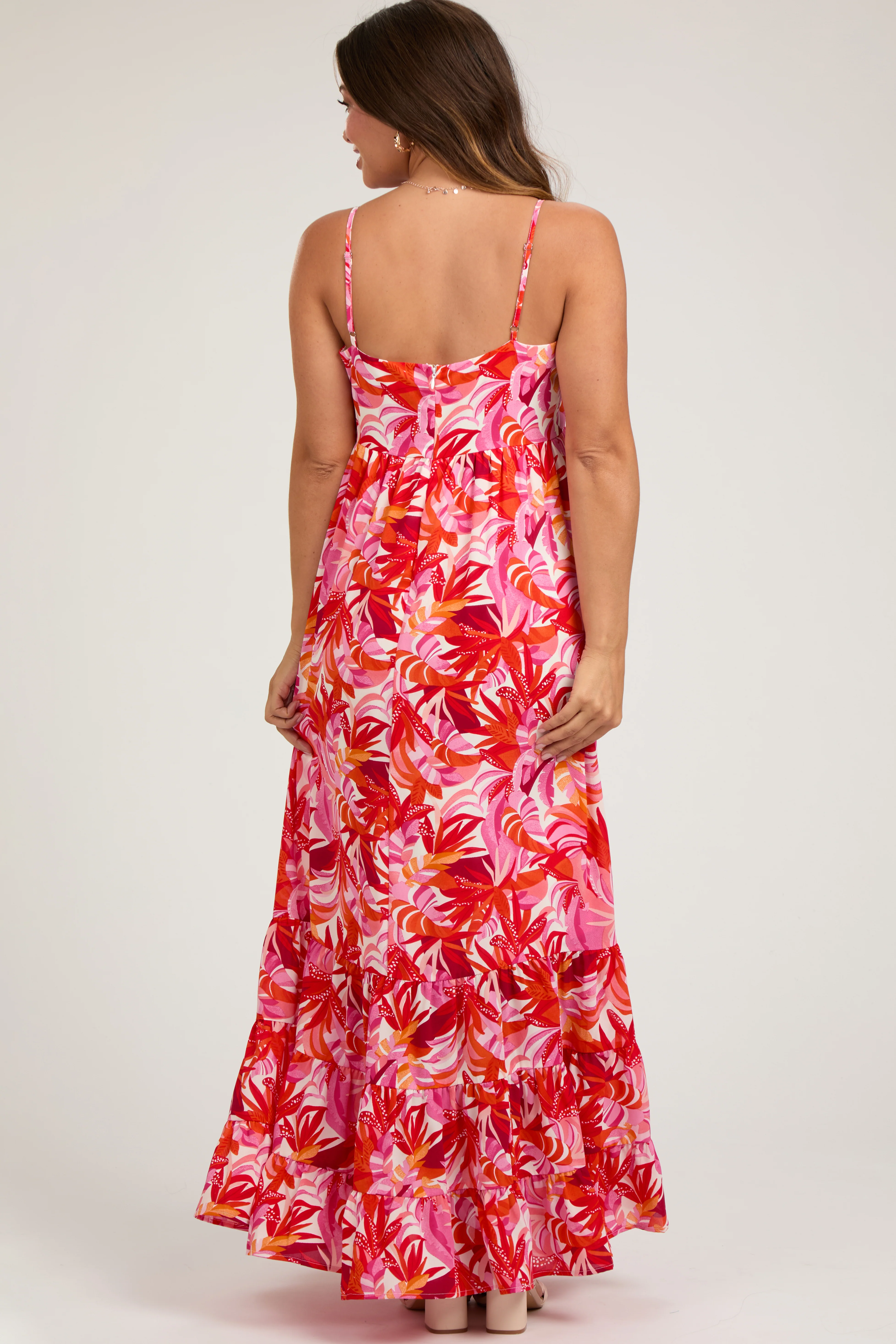 Orange Floral Sleeveless Ruffle Hem Maternity Maxi Dress - Image 3