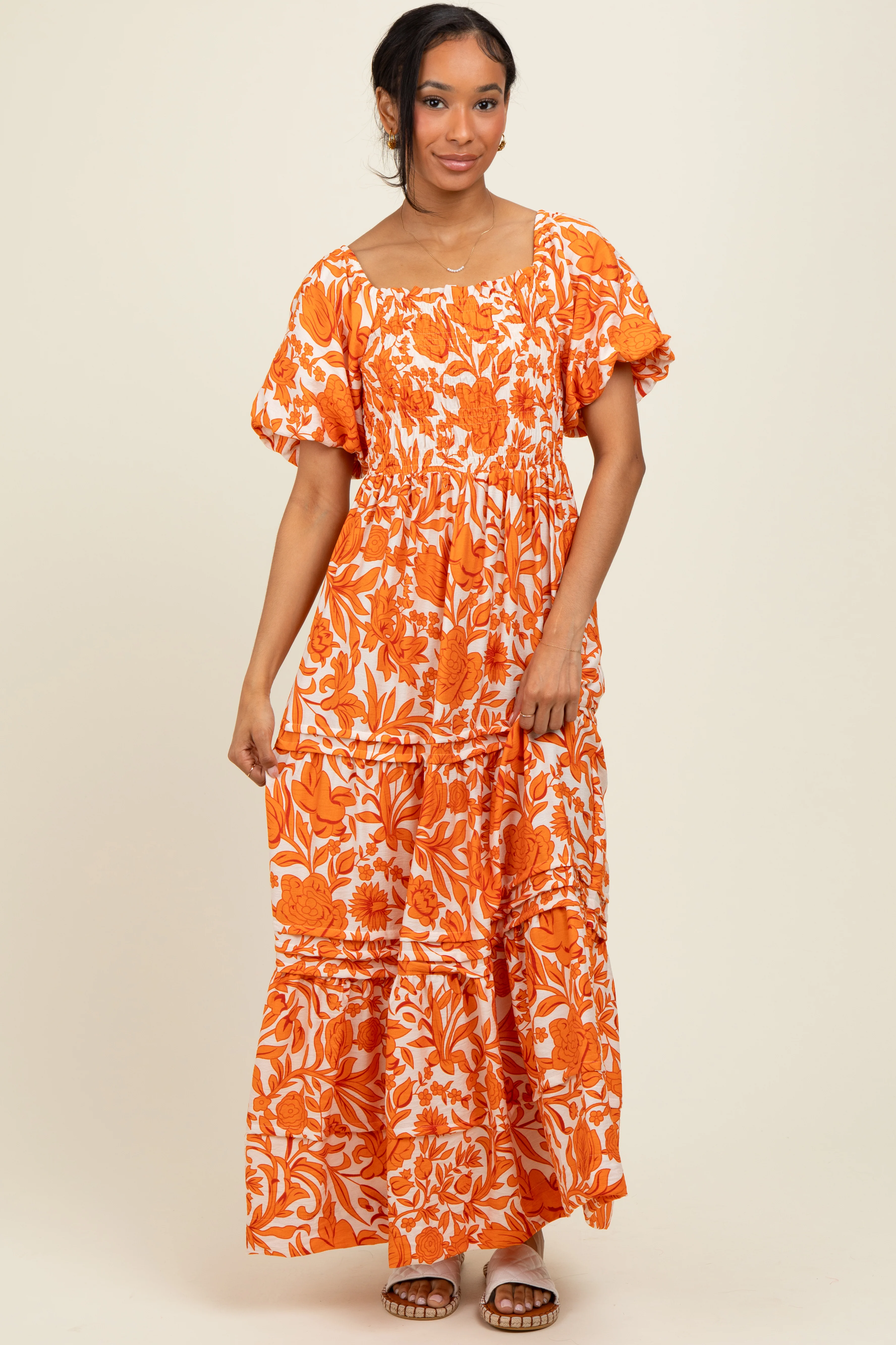 Orange Floral Smocked Puff Sleeve Maternity Maxi Dress - Image 4