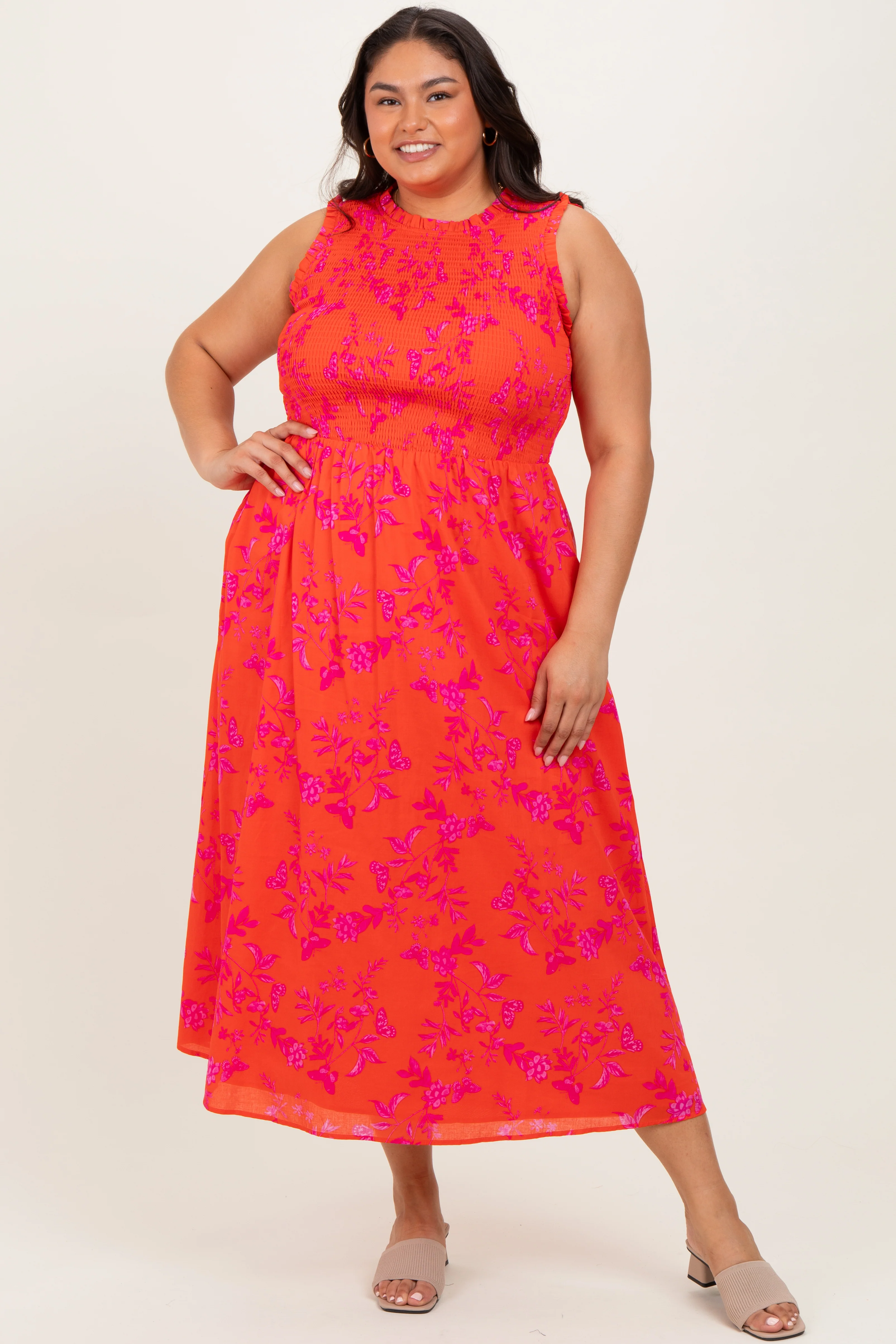 Orange Floral Smocked Sleeveless Maternity Midi Dress - Image 5